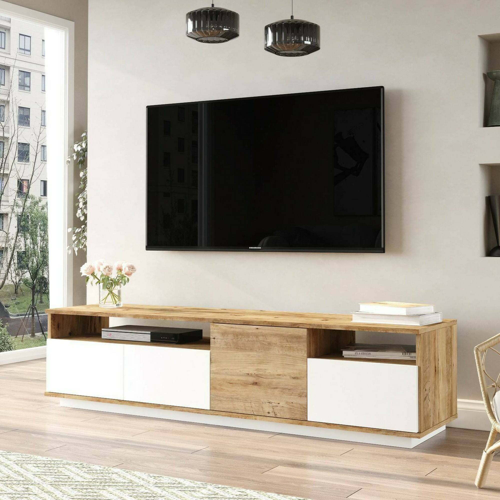 Mobile porta TV Axi, Credenza da soggiorno, Armadio basso per TV, Base parete attrezzata, 180x45h45 cm, Quercia e Bianco