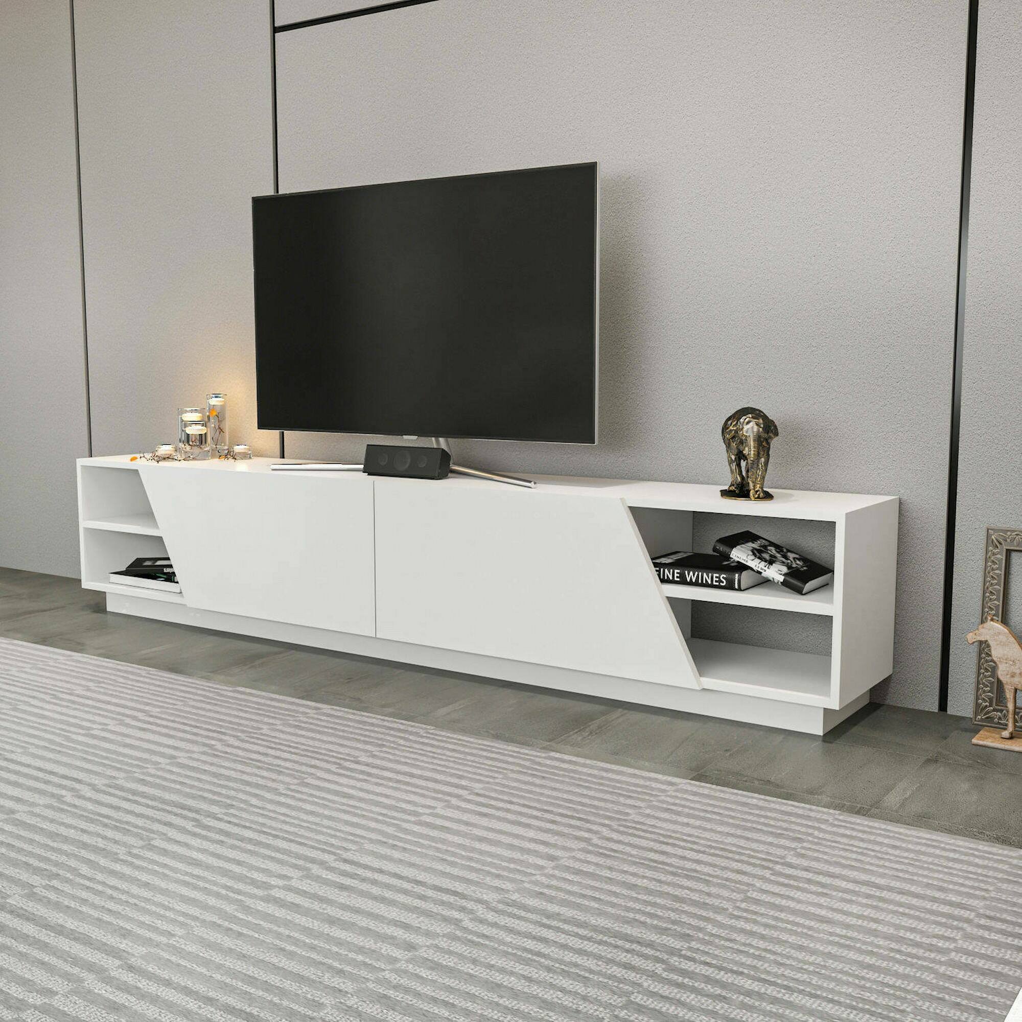 Mobile porta TV Apat, Credenza da soggiorno, Armadio basso per TV, Base parete attrezzata, 240x37h47 cm, Bianco