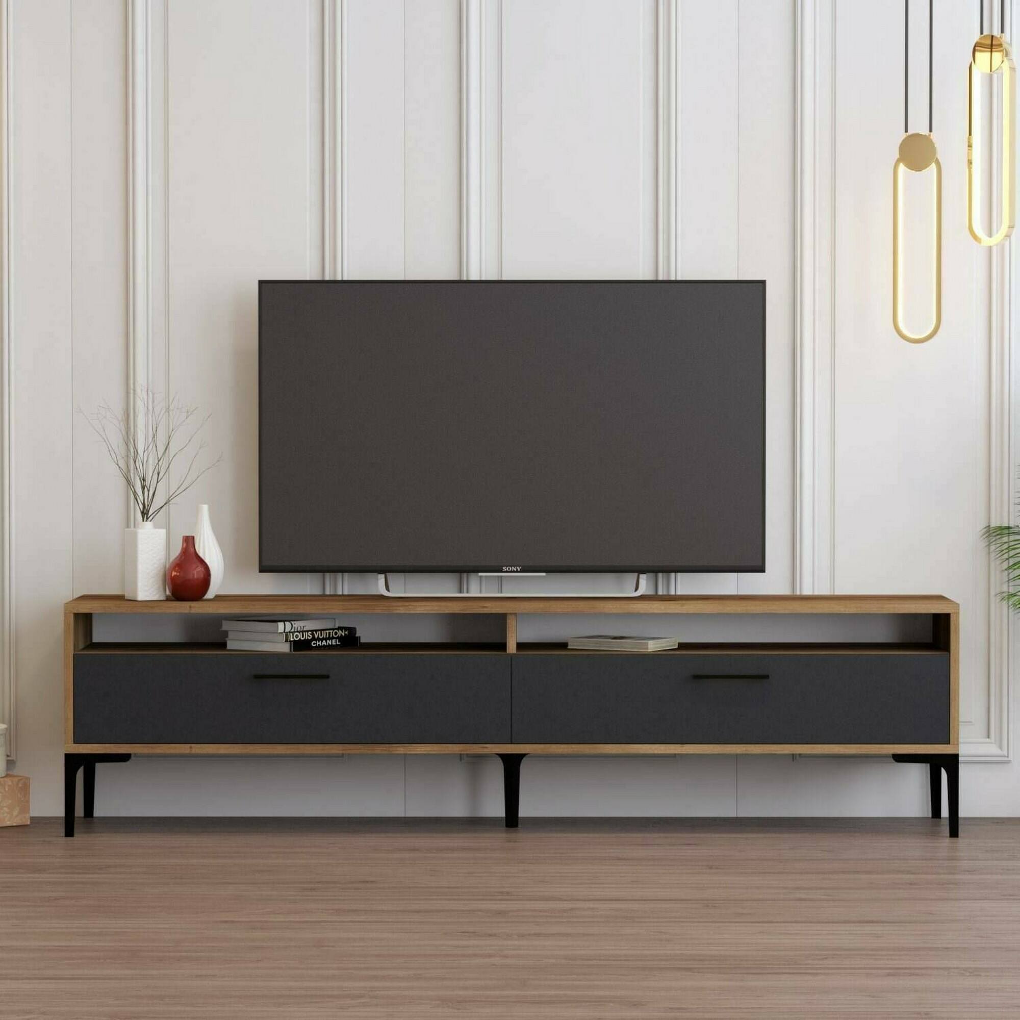 Mobile porta TV Angiari, Credenza da soggiorno, Armadio basso per TV, Base parete attrezzata, 180x47h35 cm, Noce e Antracite