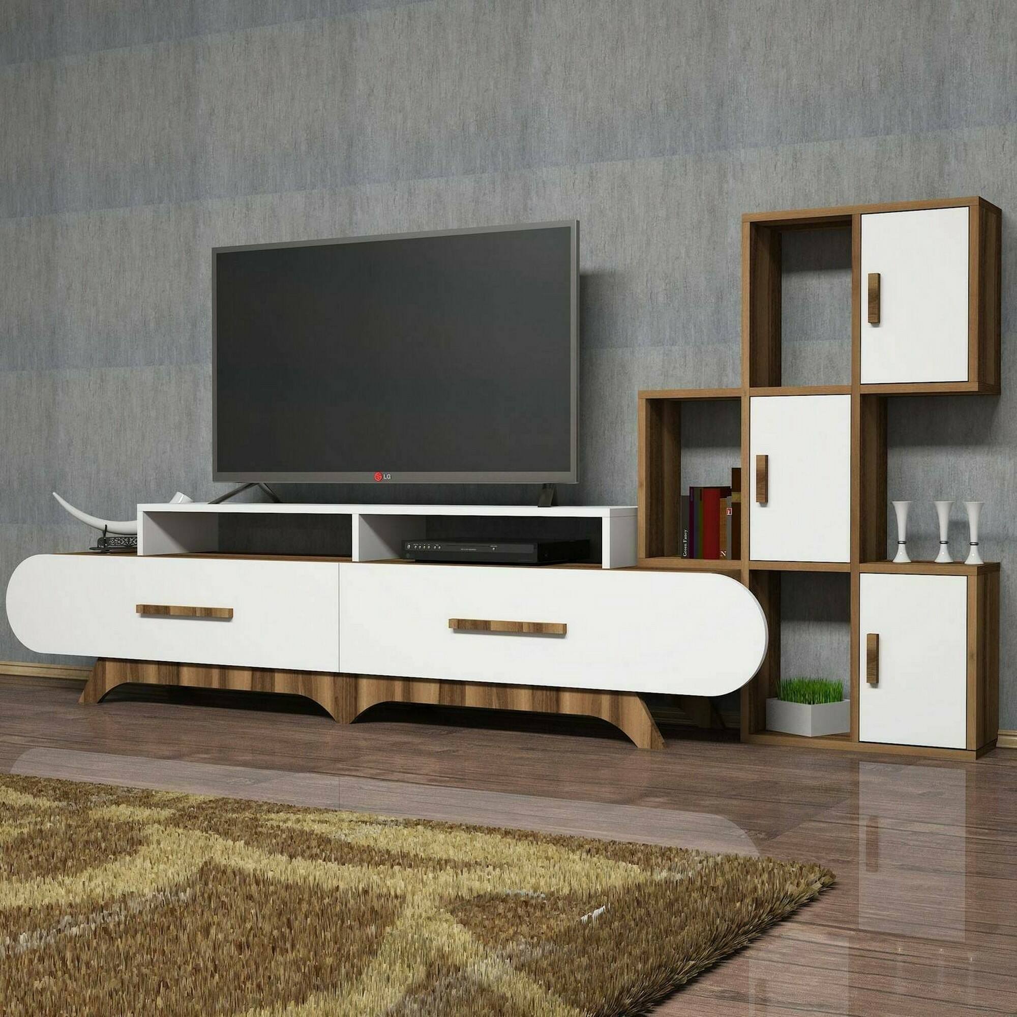 Parete attrezzata Lupo, Composizione soggiorno, Mobile salotto multiuso, Armadio porta TV, 205x37h50 cm, Noce e Bianco