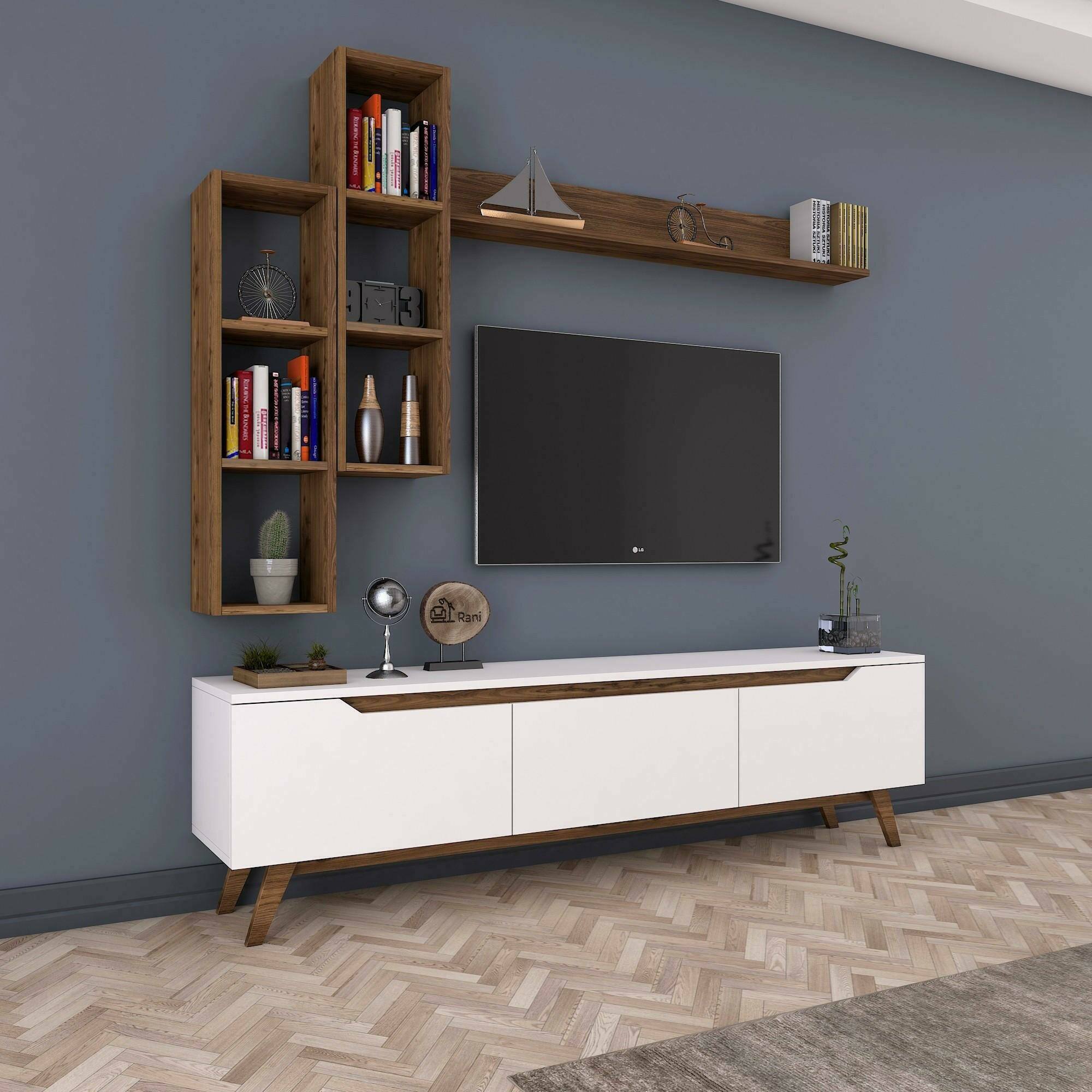 Parete attrezzata Atax, Composizione soggiorno, Mobile salotto multiuso, Armadio porta TV, 180x35h49 cm, Bianco e Noce