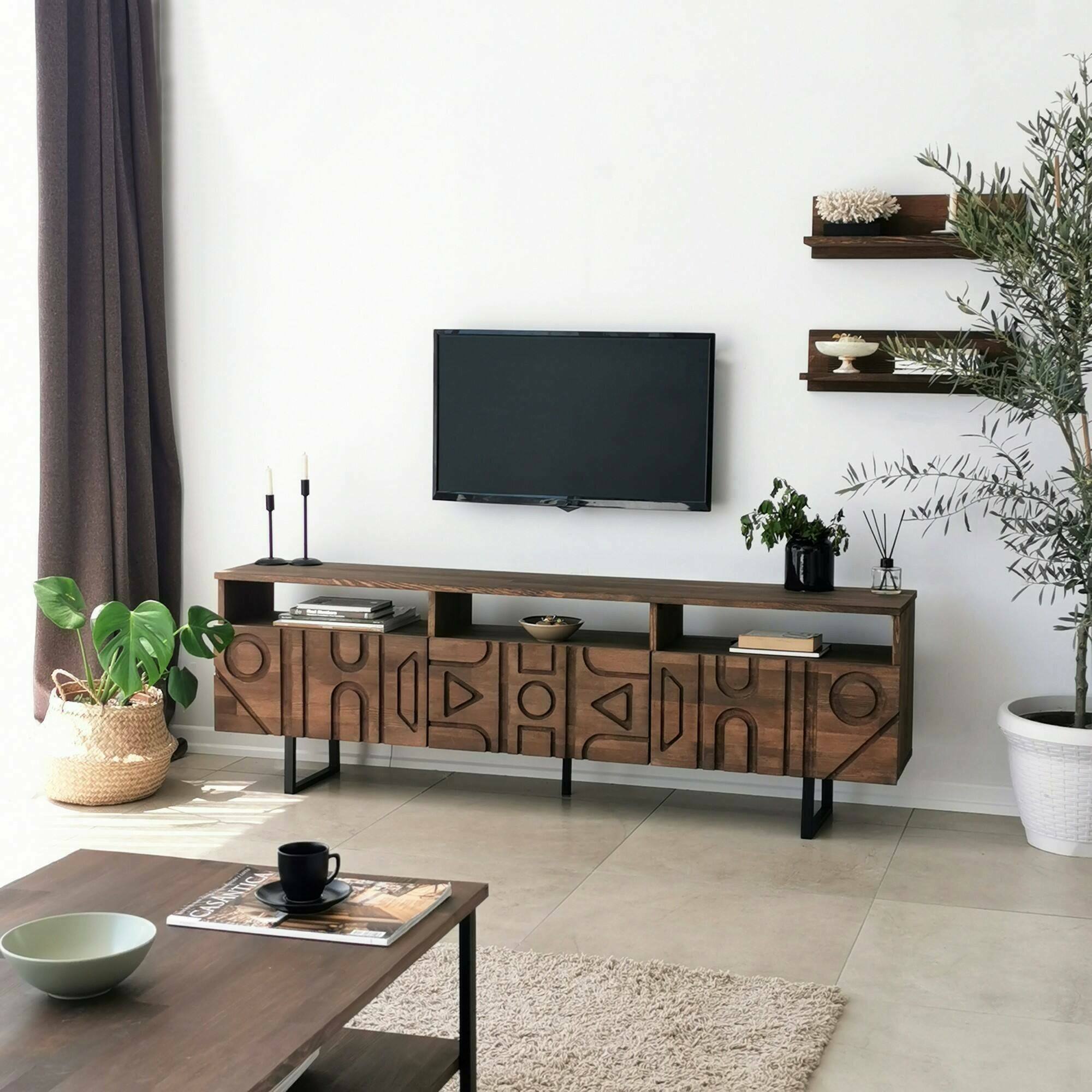 Mobile porta TV Barete, Credenza da soggiorno, Armadio basso per TV, Base parete attrezzata, 170x30h40 cm, Noce