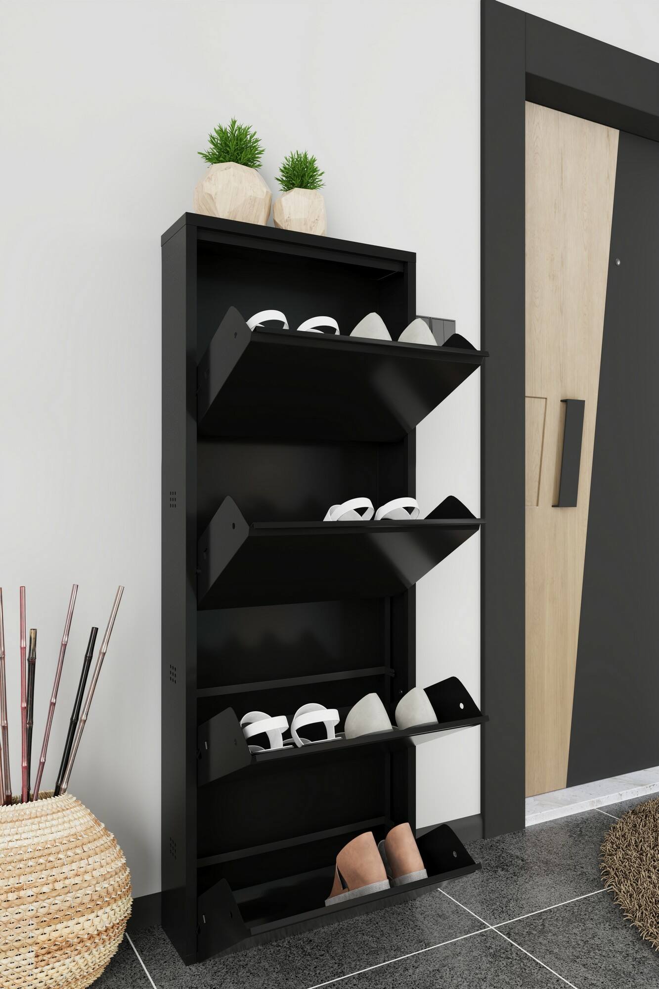 Scarpiera Axe, Mobile portascarpe in metallo, Armadio da ingresso multiuso, Mobiletto per calzature, 50x15h138 cm, Nero