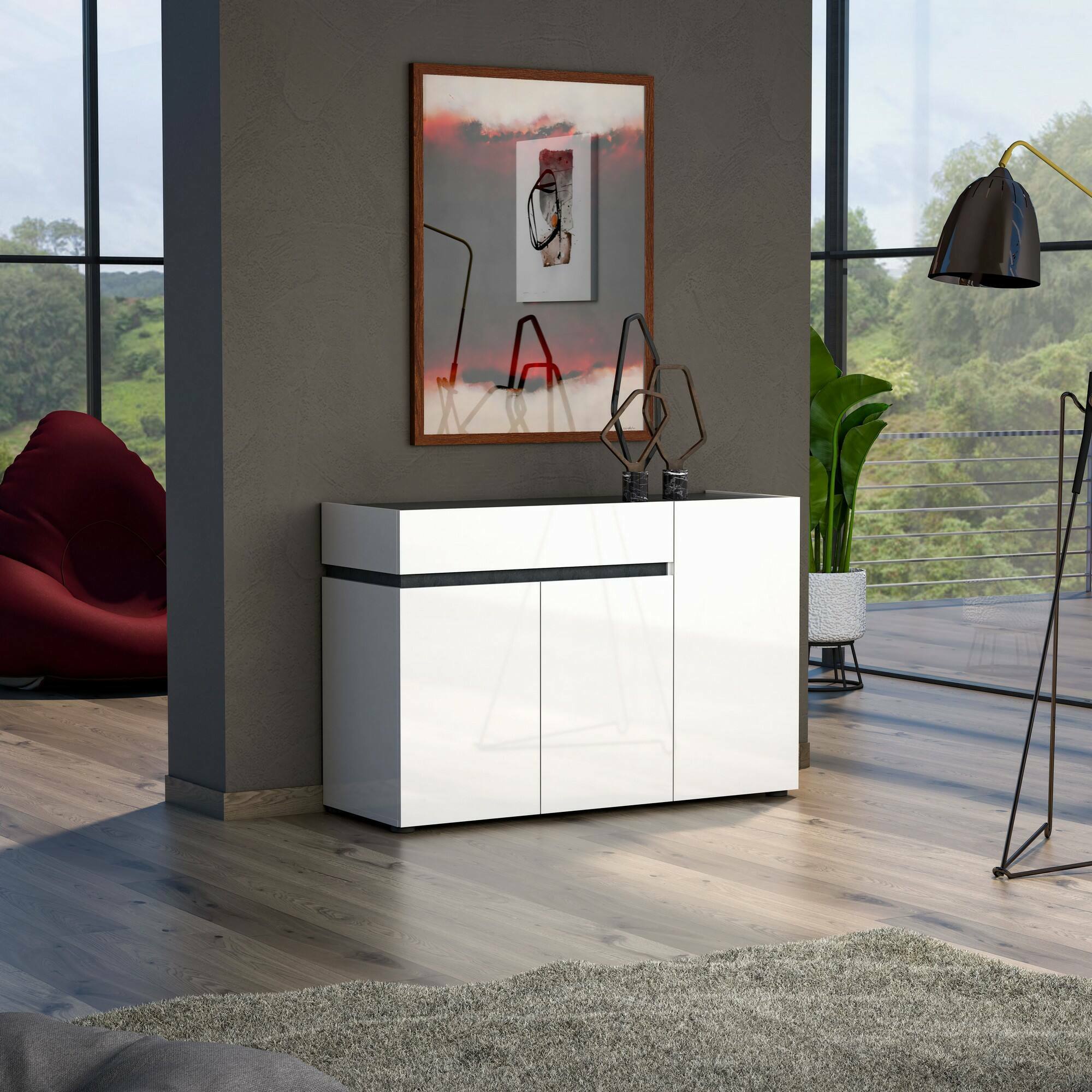Credenza Bajardo, Buffet da soggiorno, Madia da salotto, Dispensa da cucina, Made in Italy, 120x42h80 cm, Bianco lucido e Antracite