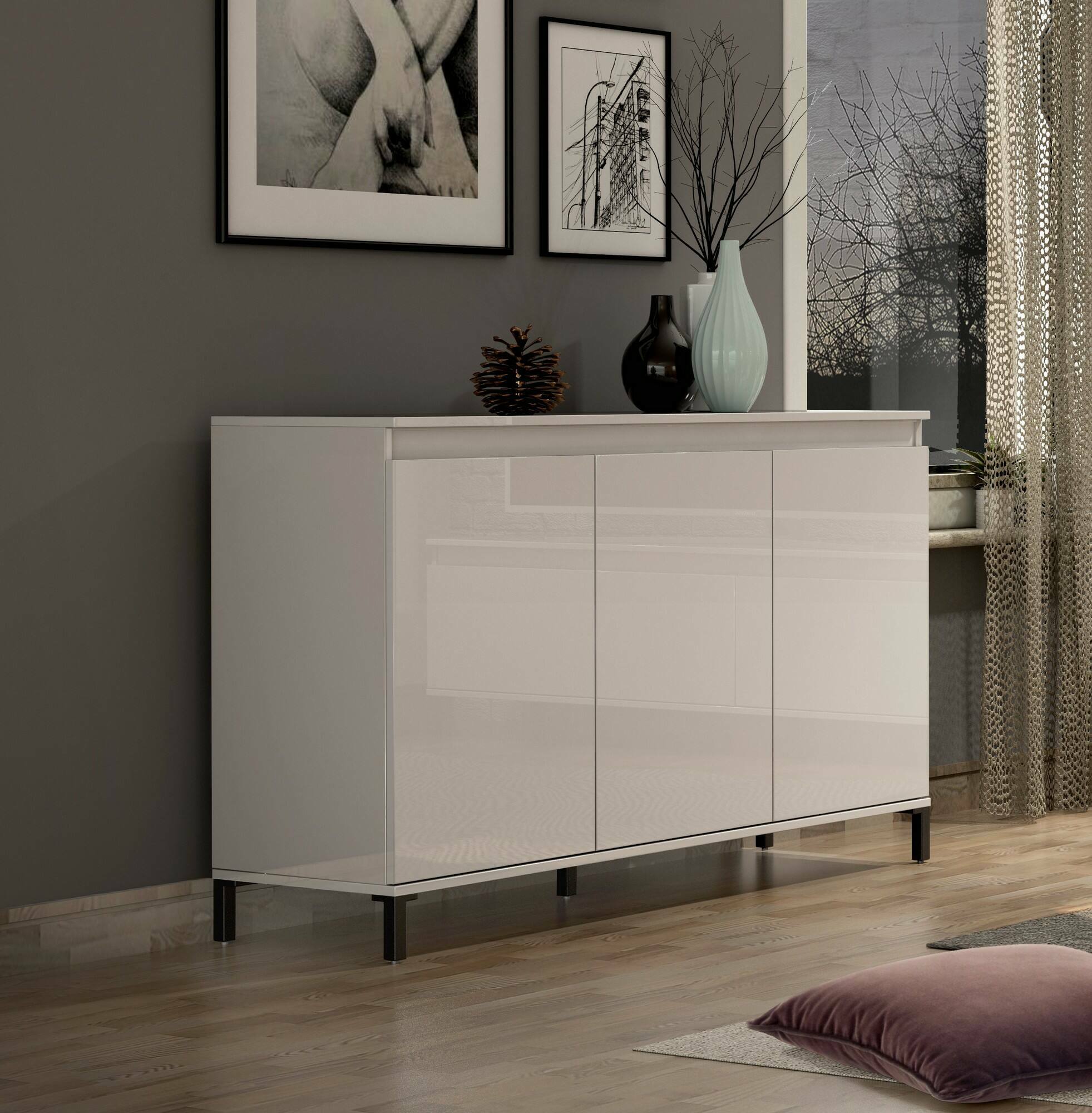 Credenza Assinello, Buffet da soggiorno, Madia da salotto, Dispensa da cucina, Made in Italy, 138x40h90 cm, Bianco lucido e Antracite