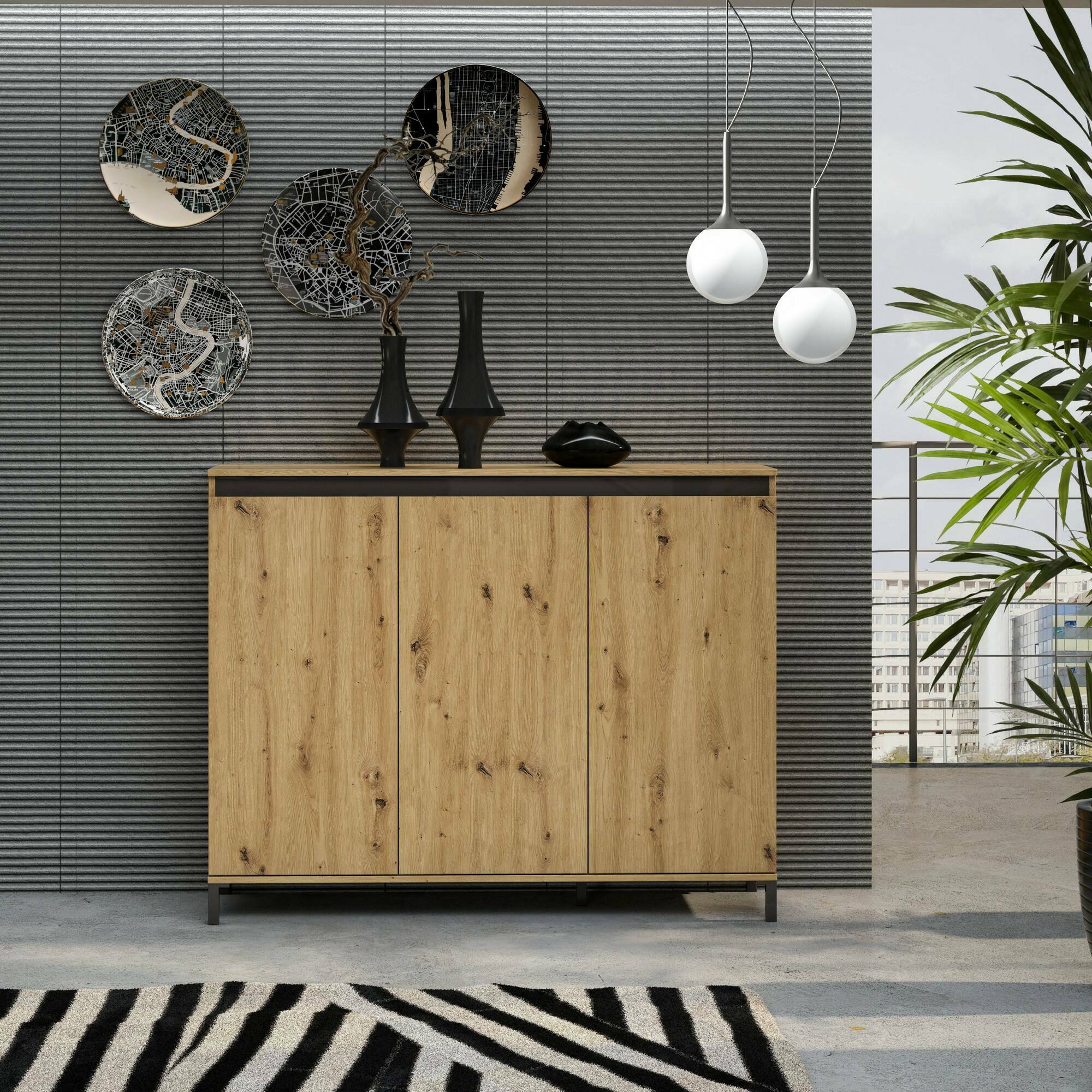 Credenza Averara, Buffet da soggiorno, Madia da salotto, Dispensa da cucina, Made in Italy, 138x110h40 cm, Bianco lucido e Antracite