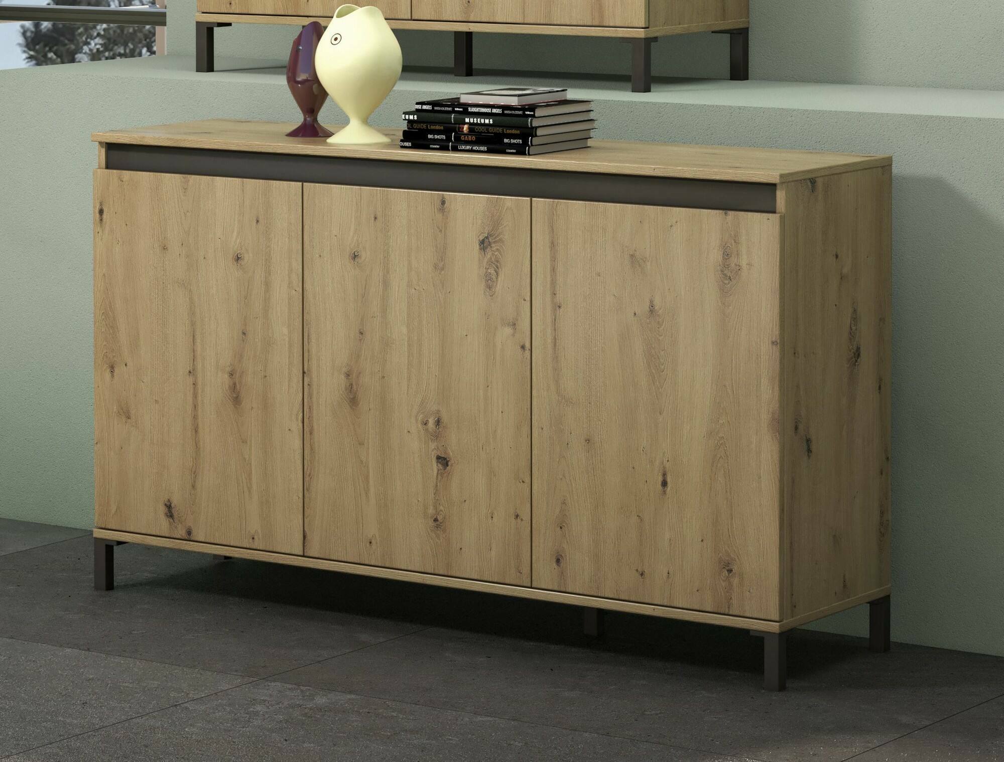Credenza Attilius, Buffet da soggiorno, Madia da salotto, Dispensa da cucina, Made in Italy, 138x40h90 cm, Bianco lucido e Antracite