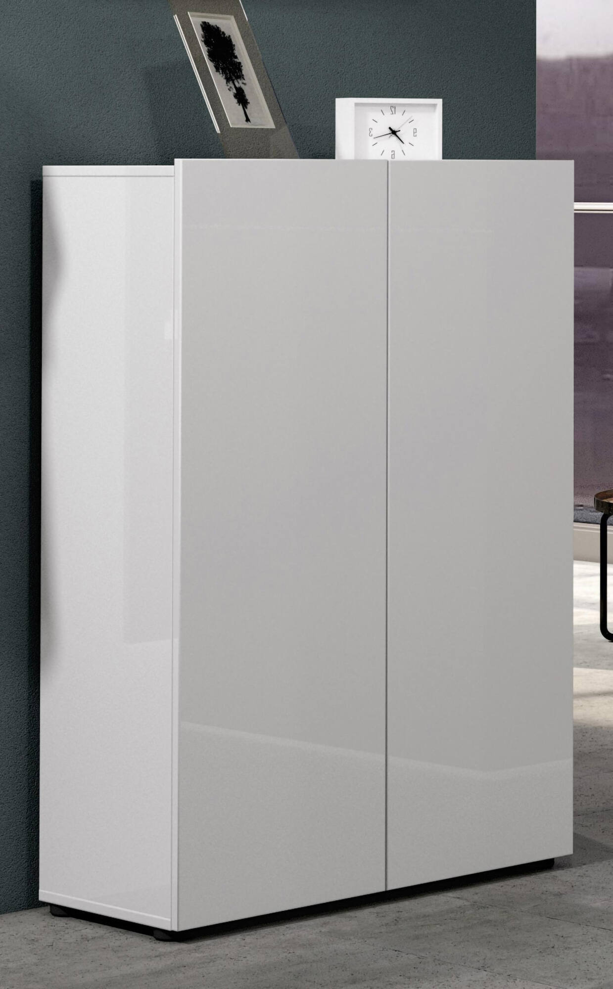 Scarpiera Liberata, Mobile portascarpe, Armadio da ingresso multiuso, Mobiletto per calzature, Made in Italy, 80x34h115 cm, Bianco lucido