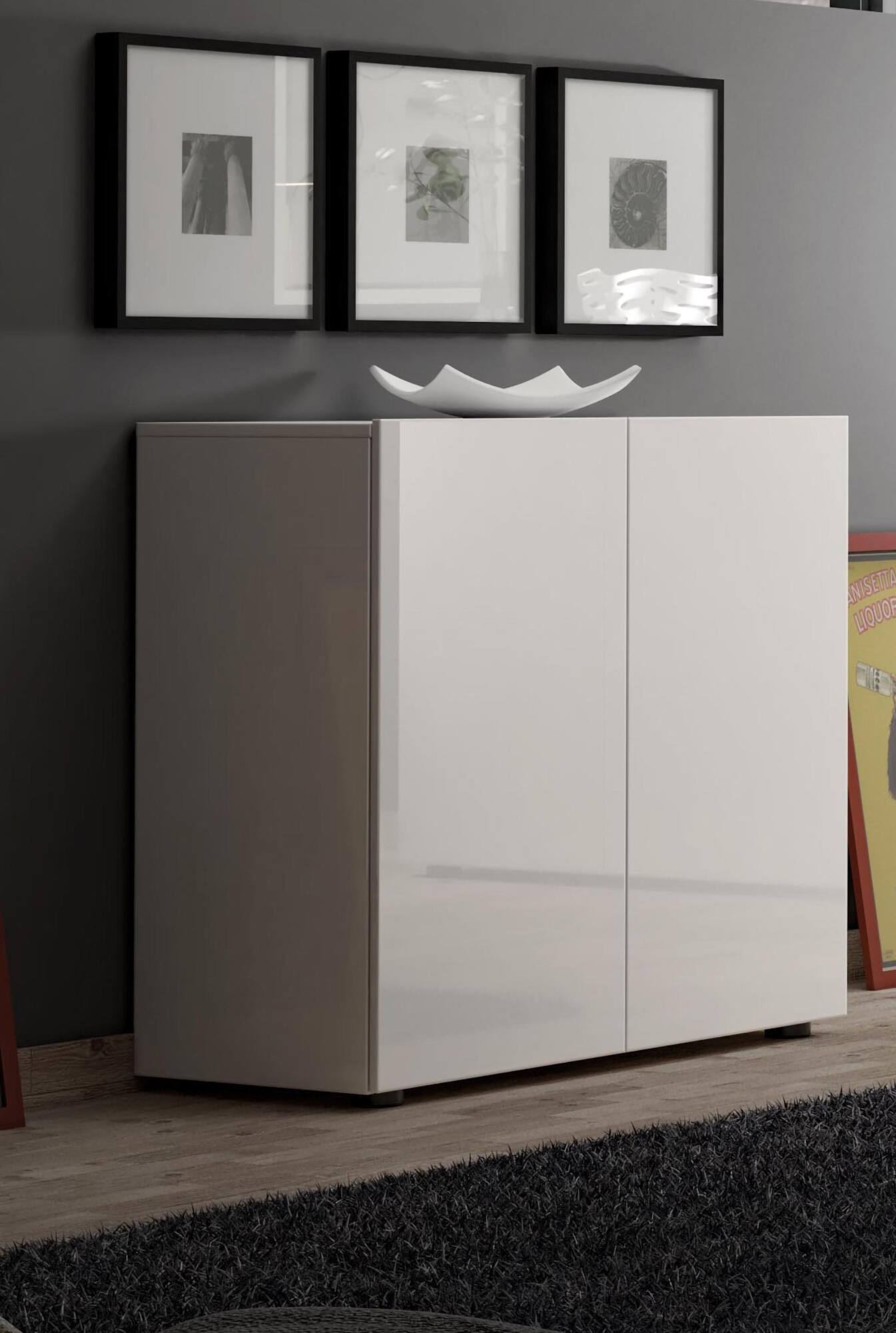 Credenza Ortoclasio, Buffet da soggiorno, Madia da salotto, Dispensa da cucina, Made in Italy, 90x38h79 cm, Bianco lucido