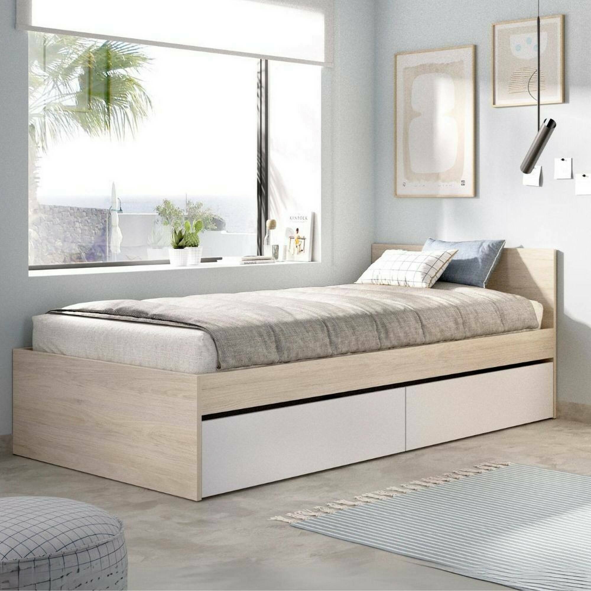 Letto singolo Arcade, Sommier per camera da letto, Giroletto per stanza, Struttura porta materasso, 96x195 h67 cm, Bianco e Rovere