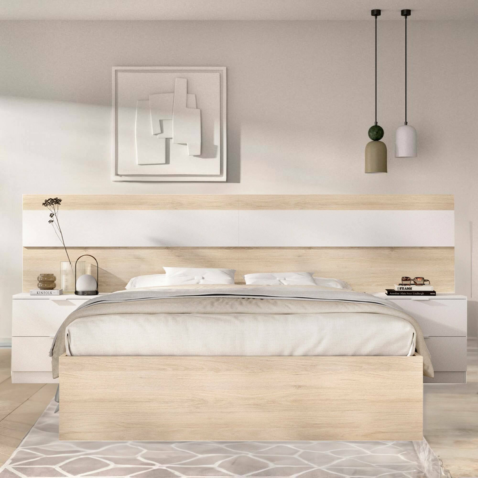 Letto matrimoniale Haima, Sommier per camera da letto, Giroletto per stanza, Struttura porta materasso, 267x205 h96 cm, Rovere e Bianco