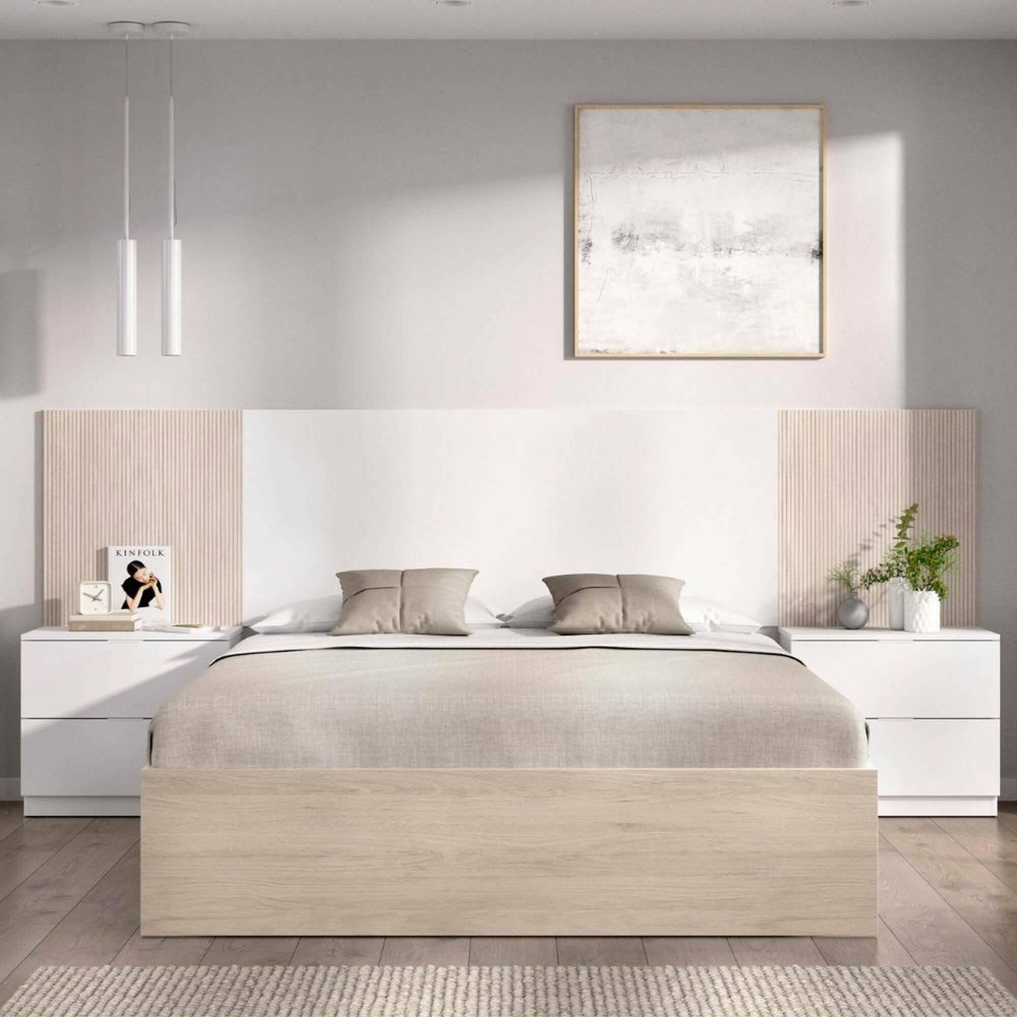 Letto matrimoniale Aral, Sommier per camera da letto, Giroletto per stanza, Struttura porta materasso, 267x205 h106 cm, Bianco e Rovere
