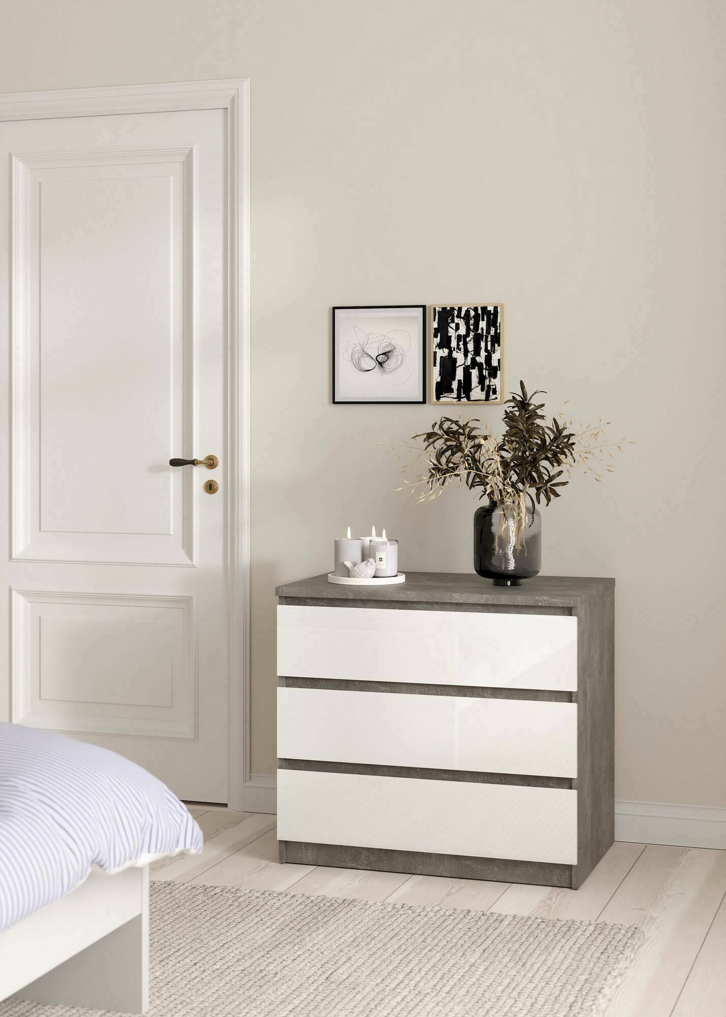 Cassettiera Artic, Settimino multiuso, Comò camera da letto, Mobile con cassetti, 77x50 h70 cm, Cemento e Bianco lucido