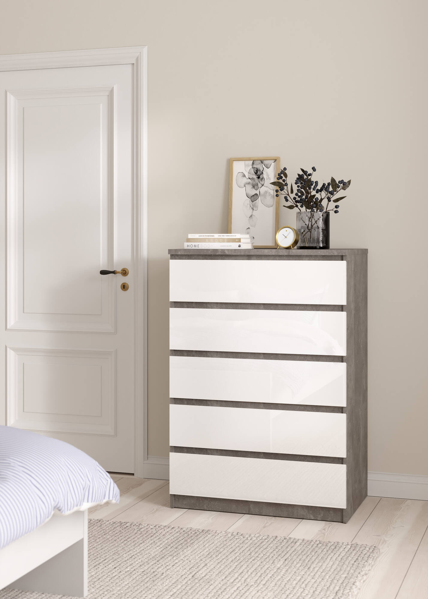 Cassettiera Ansel, Settimino multiuso, Comò camera da letto, Mobile con cassetti, 77x50 h111 cm, Cemento e Bianco lucido