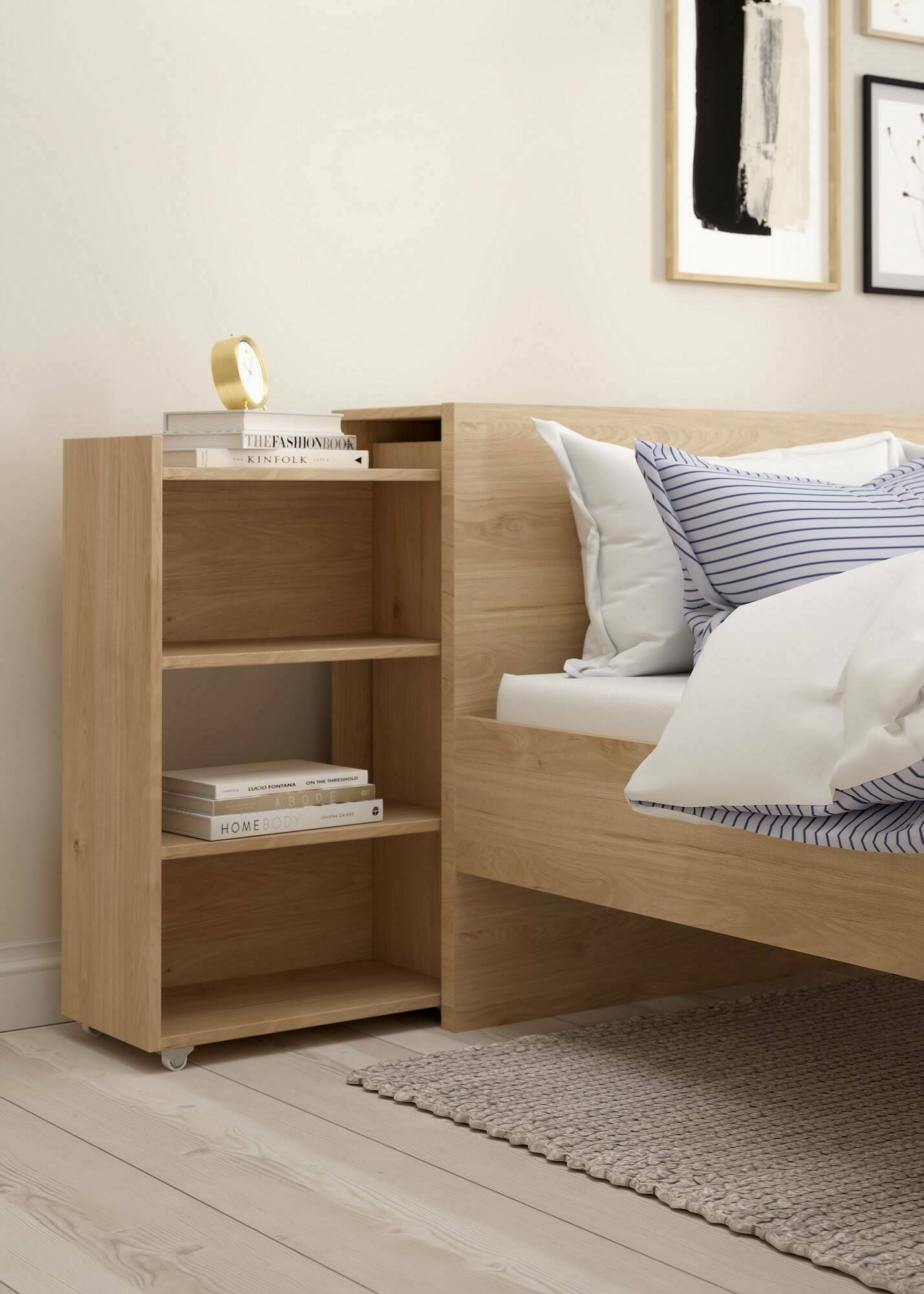 Comodino Shary, Comò basso, Tavolino da notte, Mensola da letto, 165x26 h80 cm, Rovere