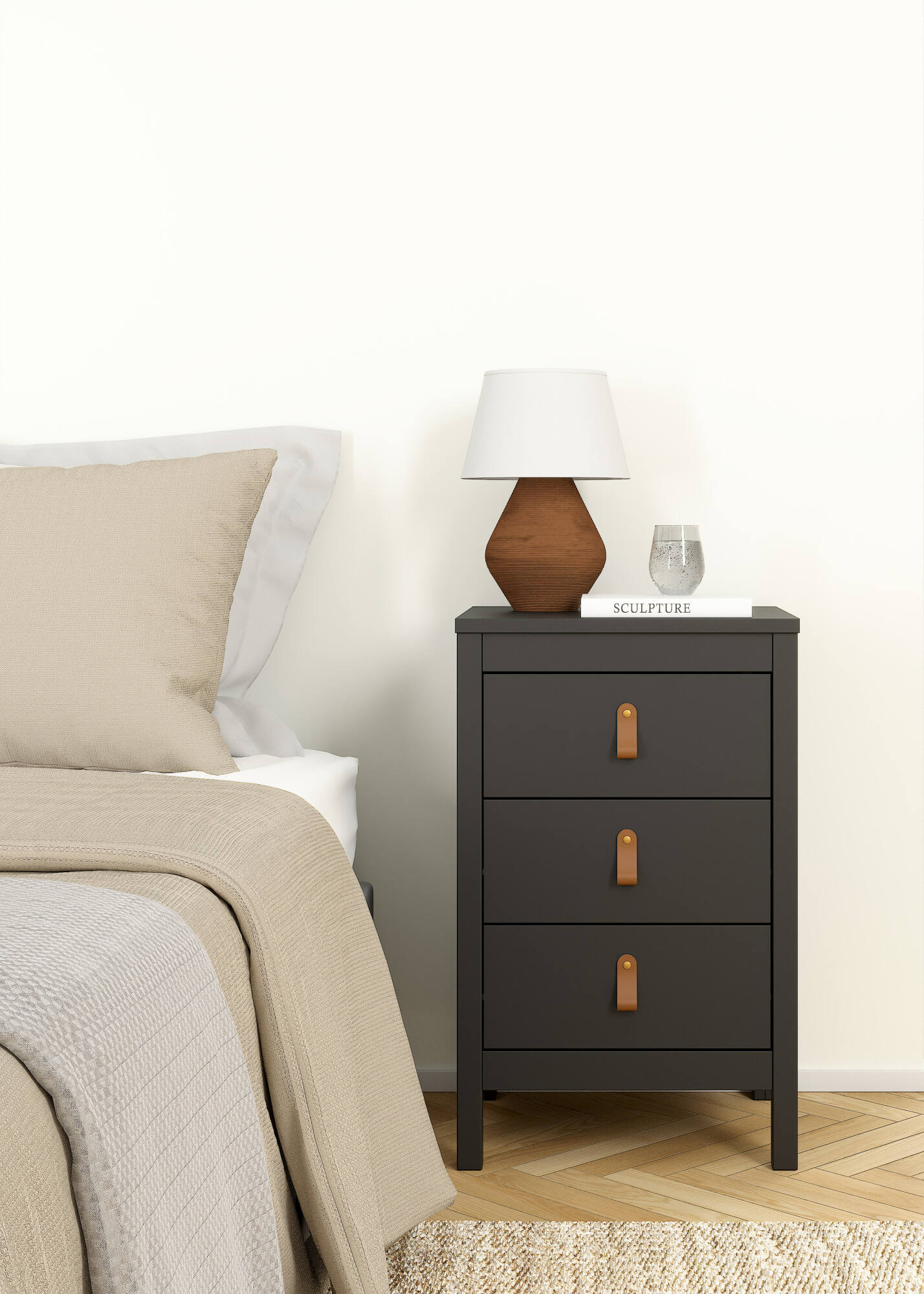 Comodino Lombardia, Comò basso, Tavolino da notte, Mensola da letto, 44x38 h70 cm, Nero