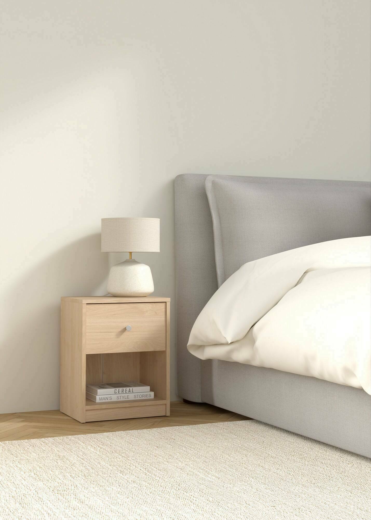 Comodino Kastri, Comò basso, Tavolino da notte, Mensola da letto, 38x30 h48 cm, Rovere