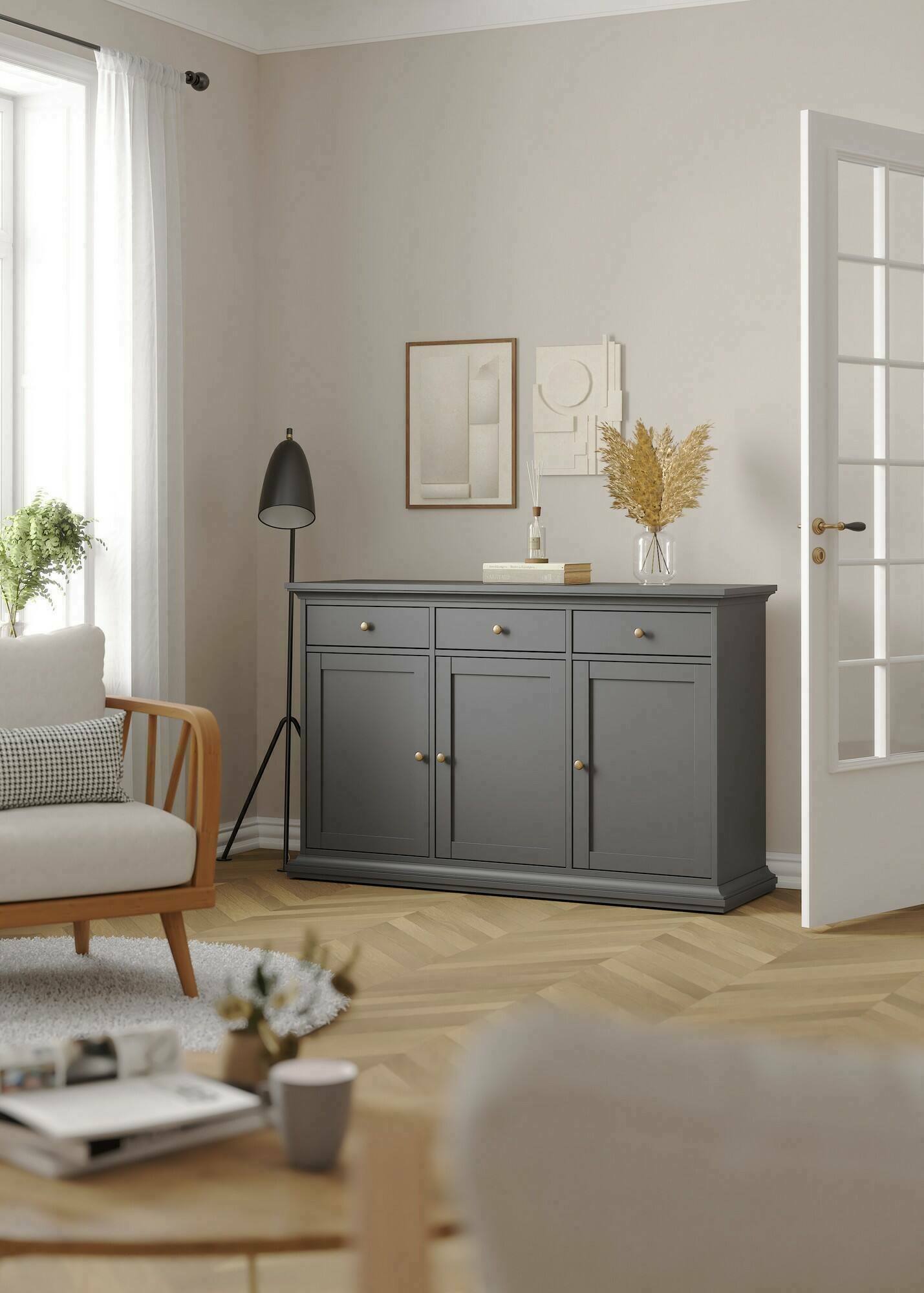 Credenza Asola, Buffet da soggiorno, Madia da salotto, Dispensa da cucina, 144x46 h92 cm, Grigio