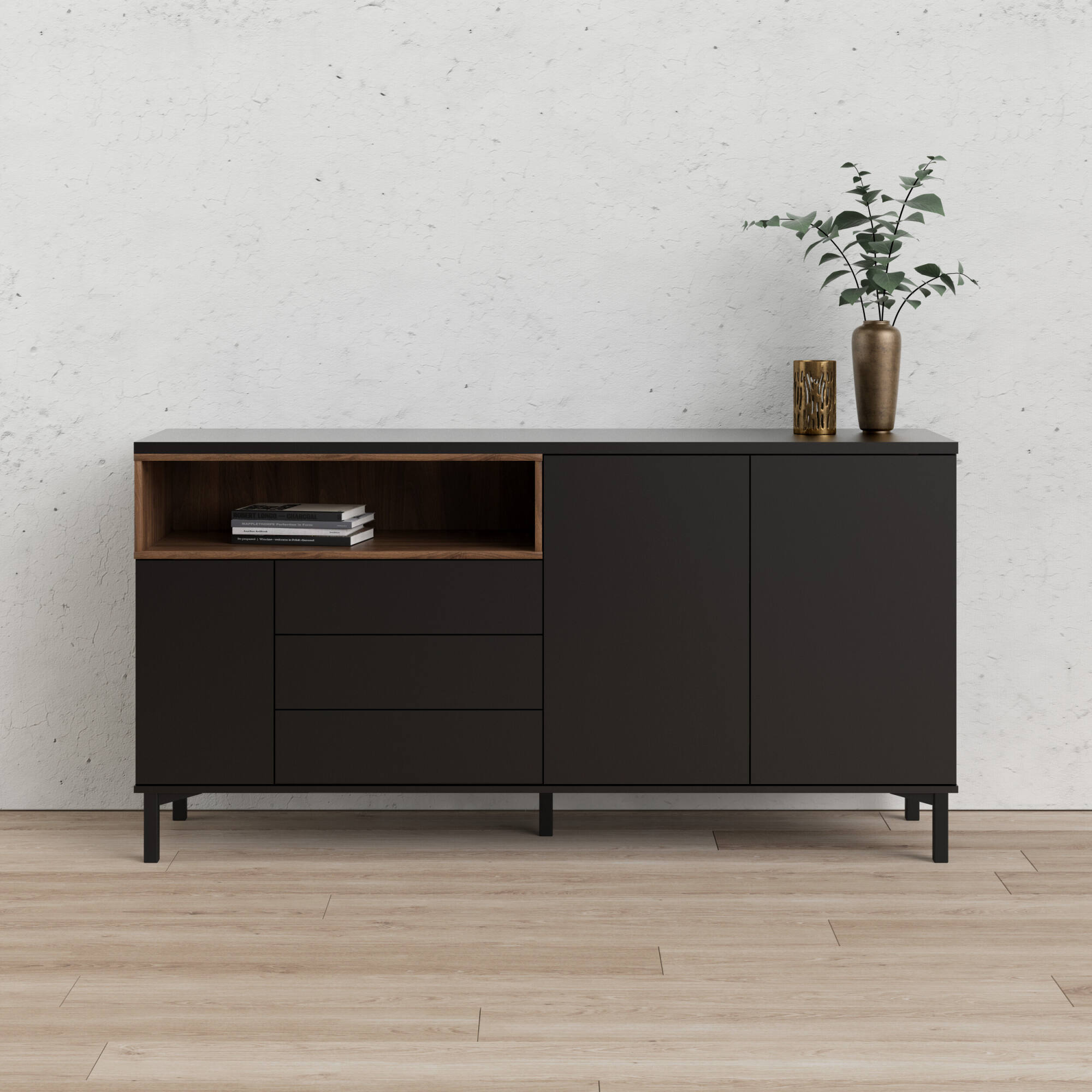 Credenza Julie, Buffet da soggiorno, Madia da salotto, Dispensa da cucina, 176x48 h90 cm, Nero e Noce