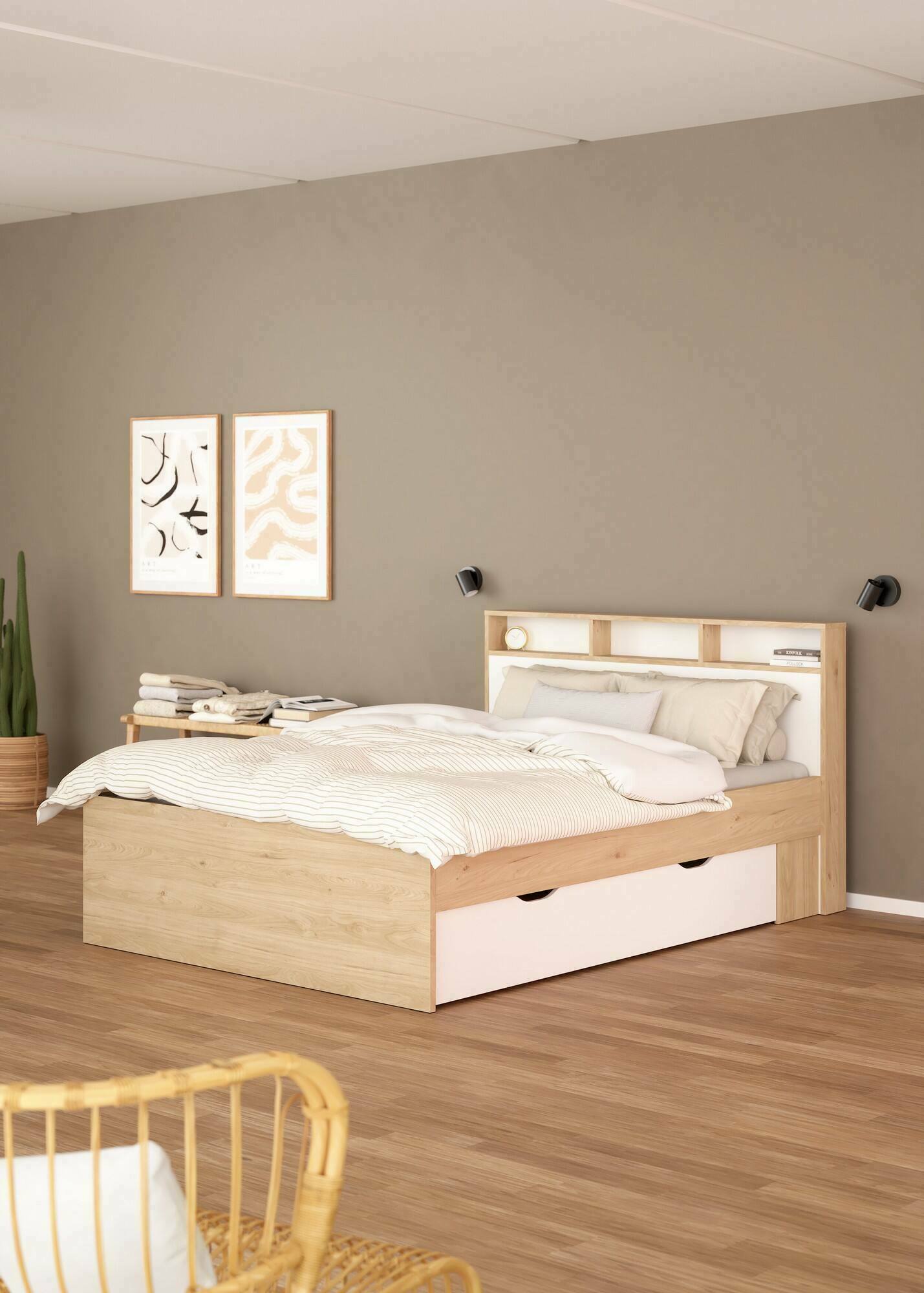 Letto matrimoniale Enteng, Sommier per camera da letto, Giroletto per stanza, Struttura porta materasso, 216x170 h97 cm, Rovere e Bianco