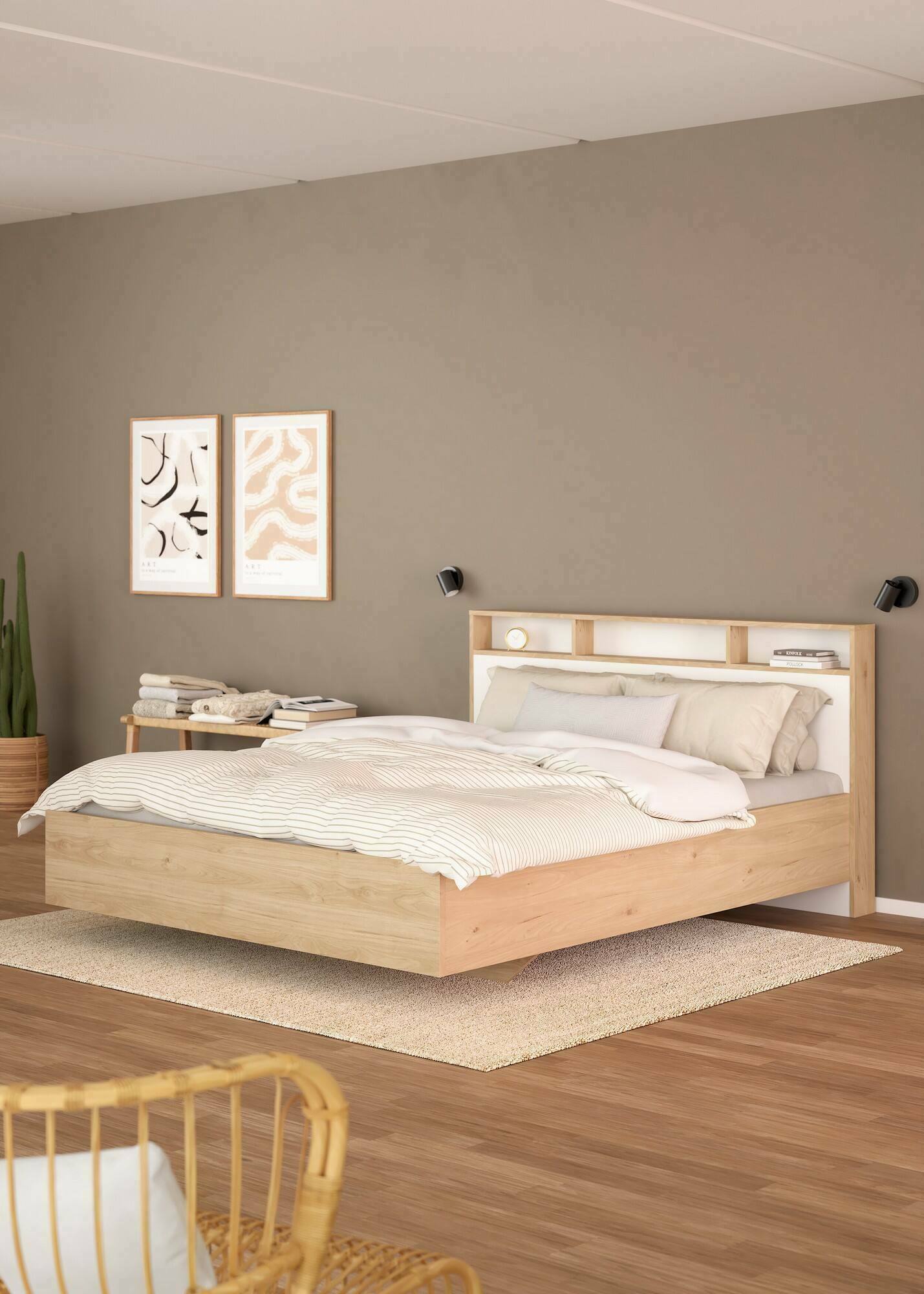 Image of Letto piazza e mezza Zinasco, Sommier per camera da letto, Giroletto per stanza, Struttura porta materasso, 206x150 h97 cm, Rovere e Bianco