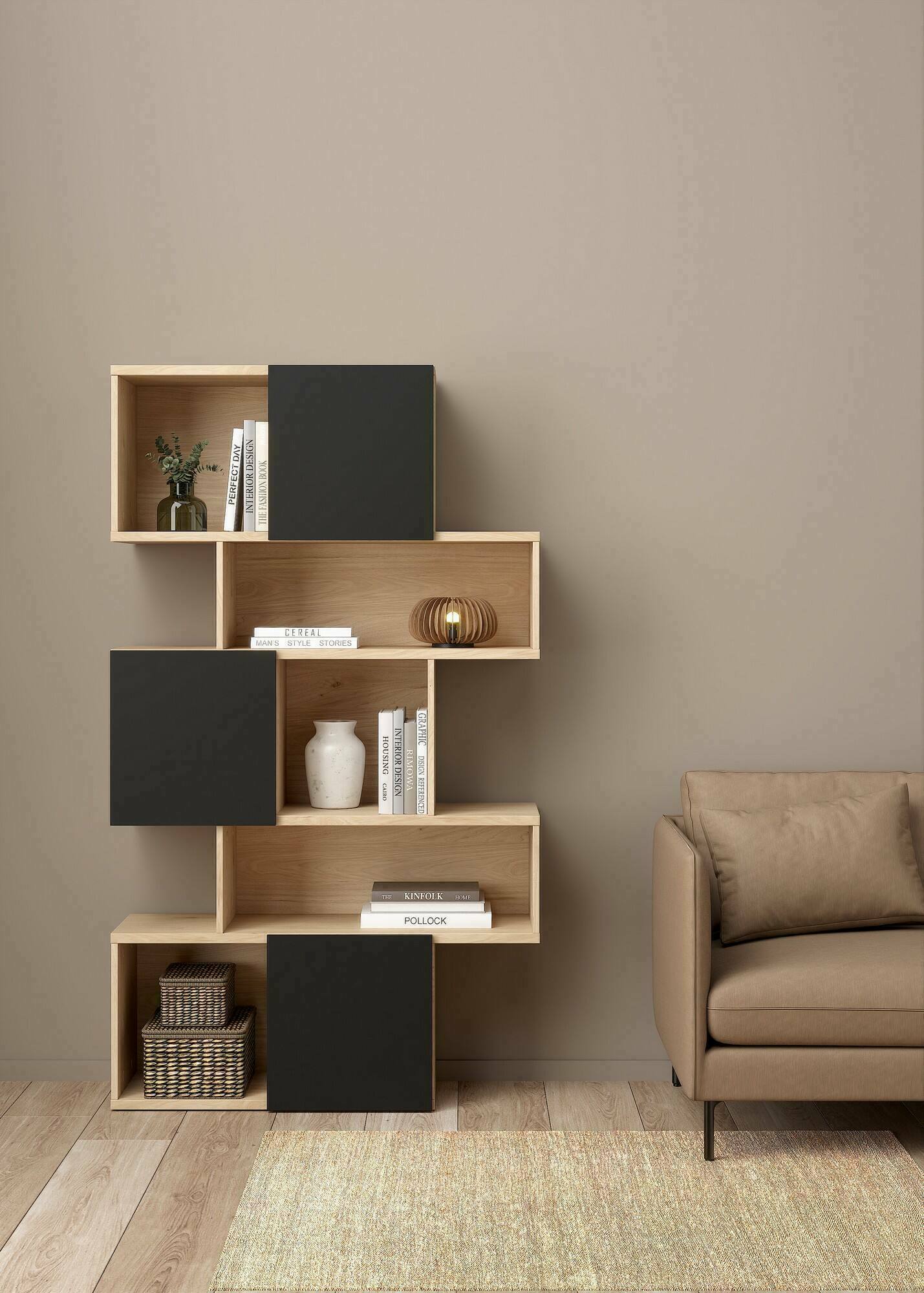 Libreria Acetosella, Scaffale da ufficio, Mobile portalibri, Biblioteca, 96x32 h166 cm, Rovere e Nero