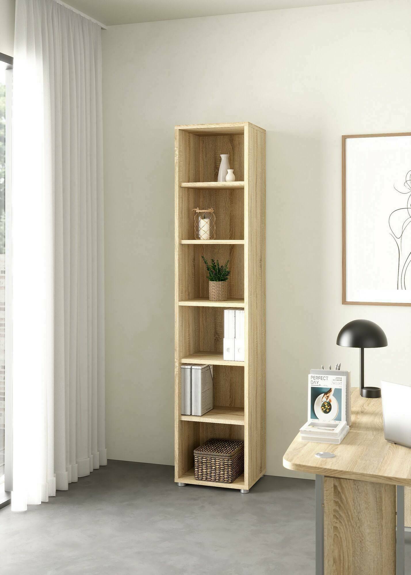 Libreria Pabuk, Scaffale da ufficio, Mobile portalibri, Biblioteca, 47x40 h222 cm, Quercia