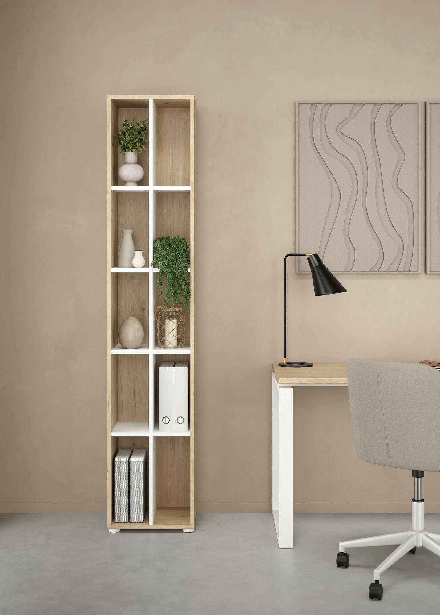 Libreria Erevan, Scaffale da ufficio, Mobile portalibri, Biblioteca, 41x34 h205 cm, Rovere e Bianco