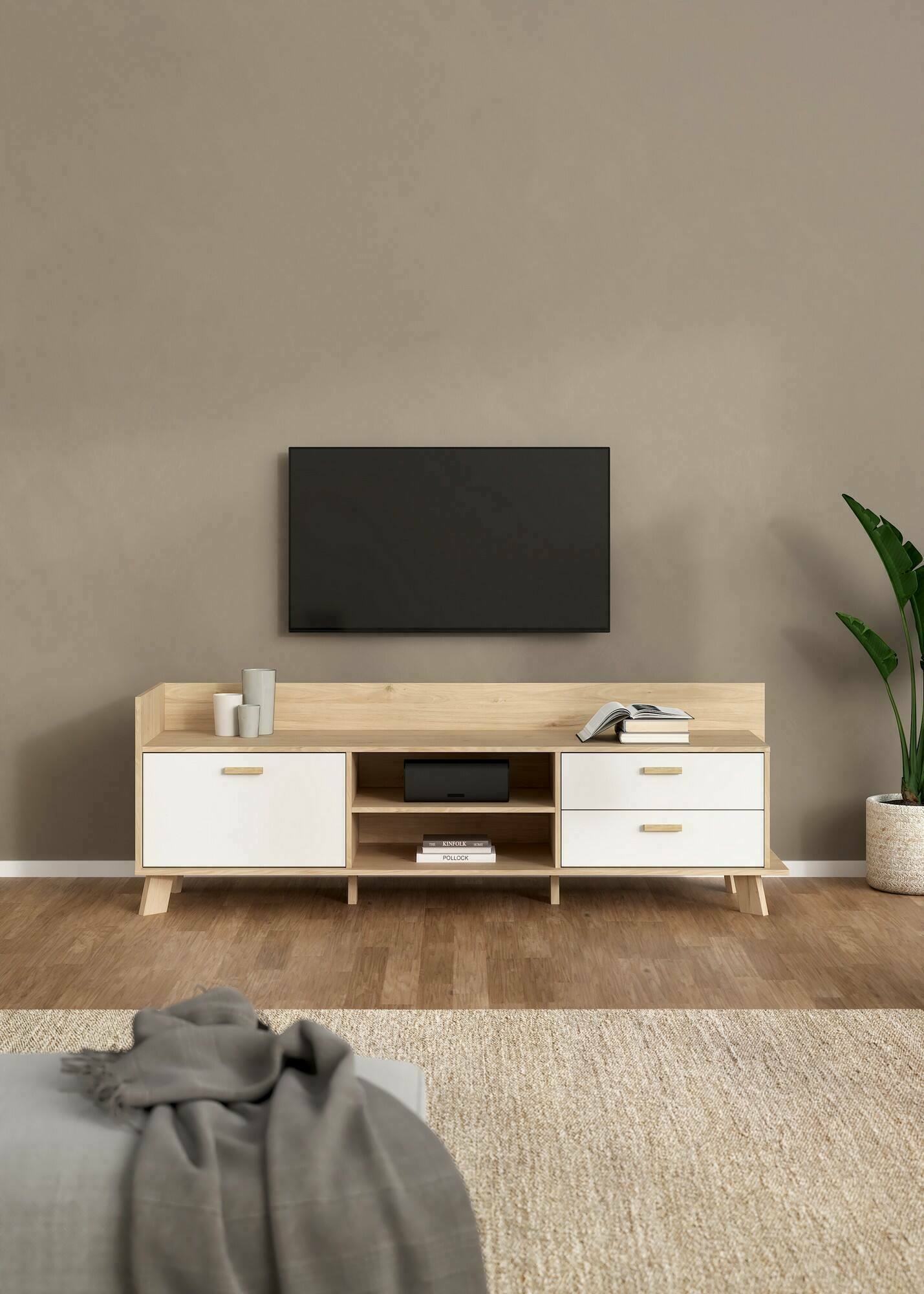 Mobile porta TV Agathis, Credenza da soggiorno, Armadio basso per TV, Base parete attrezzata, 182x51 h62 cm, Rovere e Bianco