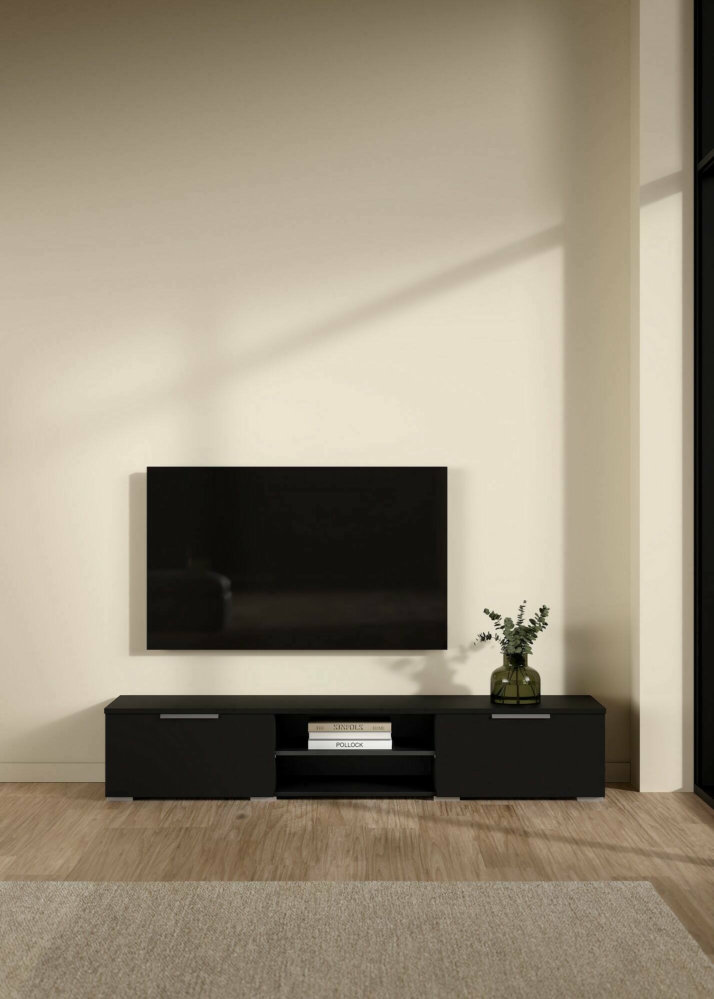 Mobile porta TV Ammiro, Credenza da soggiorno, Armadio basso per TV, Base parete attrezzata, 173x40 h33 cm, Nero