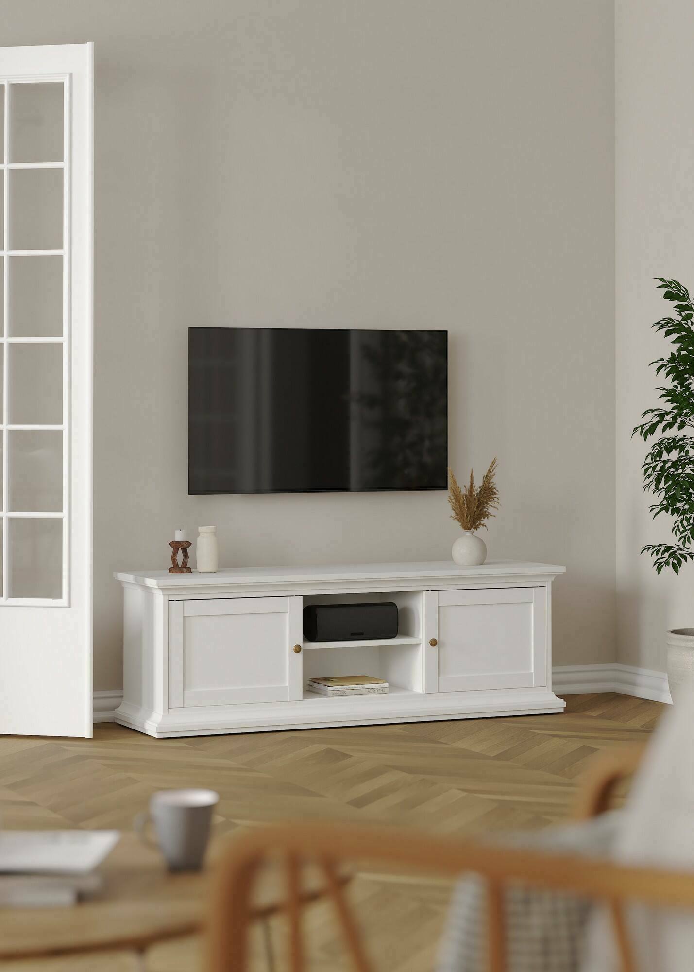 Mobile porta TV Ziba, Credenza da soggiorno, Armadio basso per TV, Base parete attrezzata, 149x42 h51 cm, Bianco