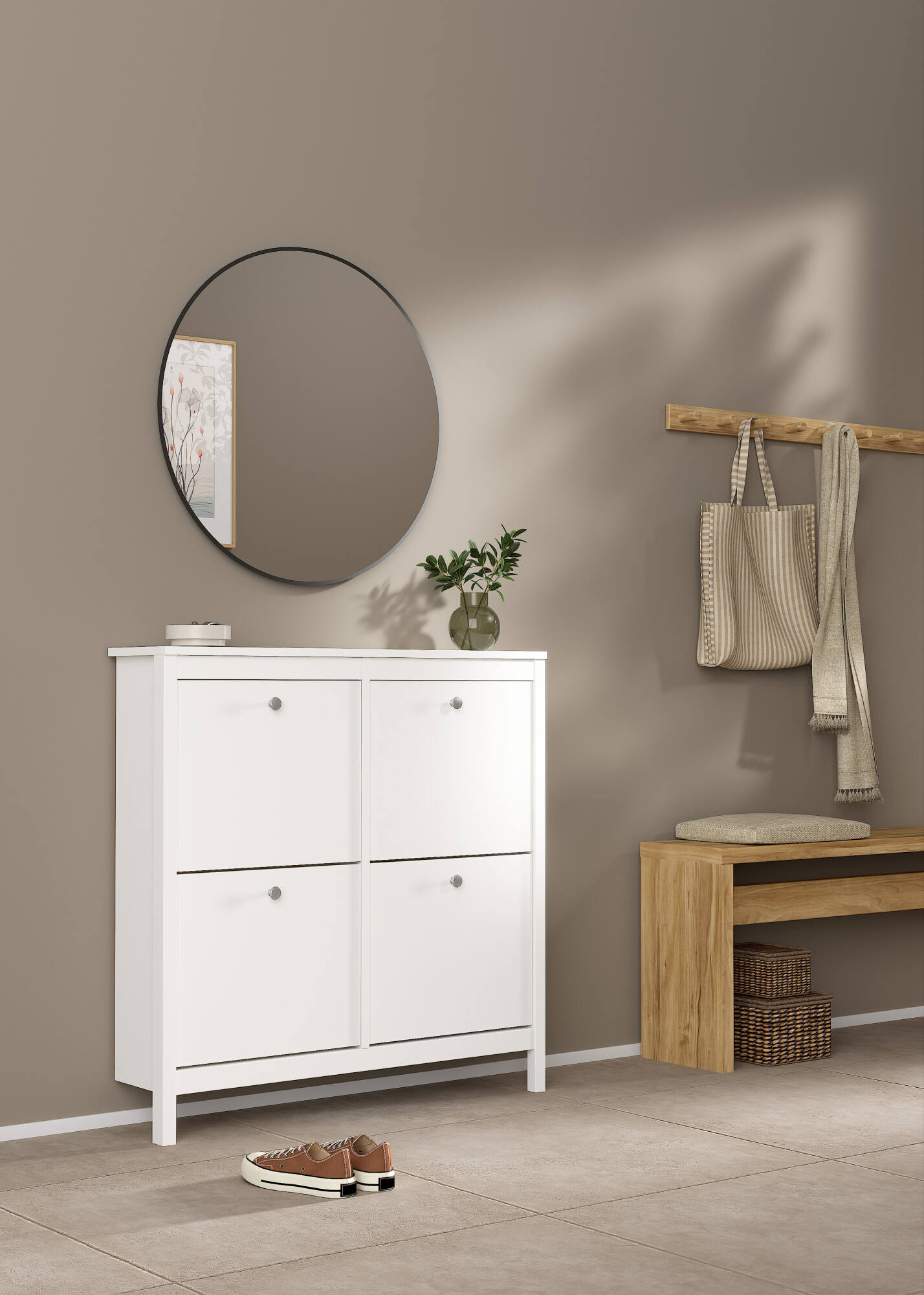 Scarpiera Actinidia, Mobile portascarpe, Armadio da ingresso multiuso, Mobiletto per calzature, 103x25 h103 cm, Bianco