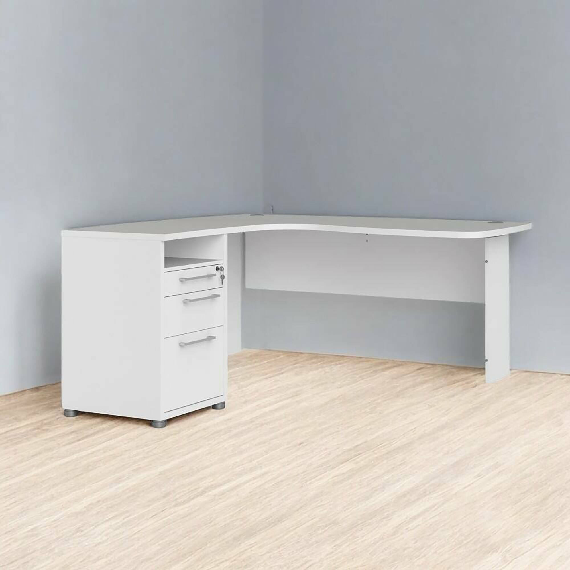 Scrivania Roslyn, Scrittoio multiuso, Tavolo per ufficio porta PC, Piano di lavoro, 159x150 h75 cm, Bianco