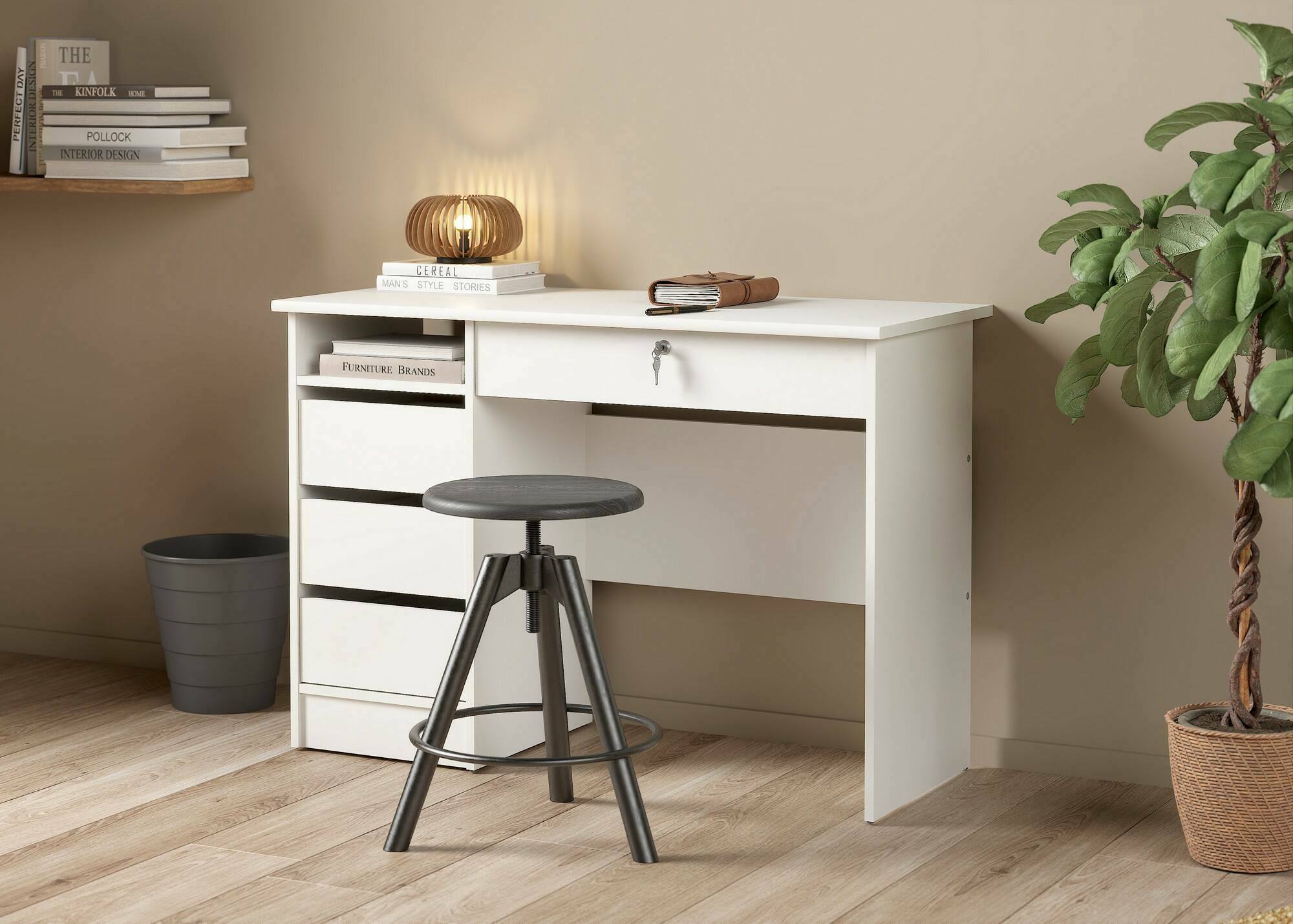 Scrivania Franklin, Scrittoio multiuso, Tavolo per ufficio porta PC, Piano di lavoro, 109x49 h76 cm, Bianco