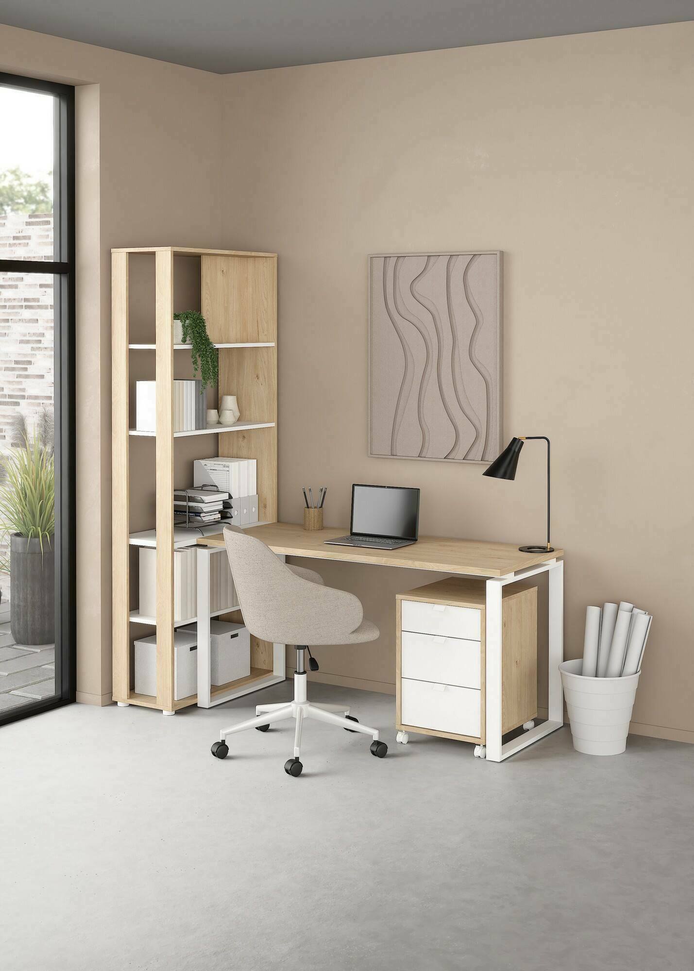 Scrivania Etienne, Scrittoio multiuso, Tavolo per ufficio porta PC, Piano di lavoro, 184x80 h205 cm, Rovere e Bianco