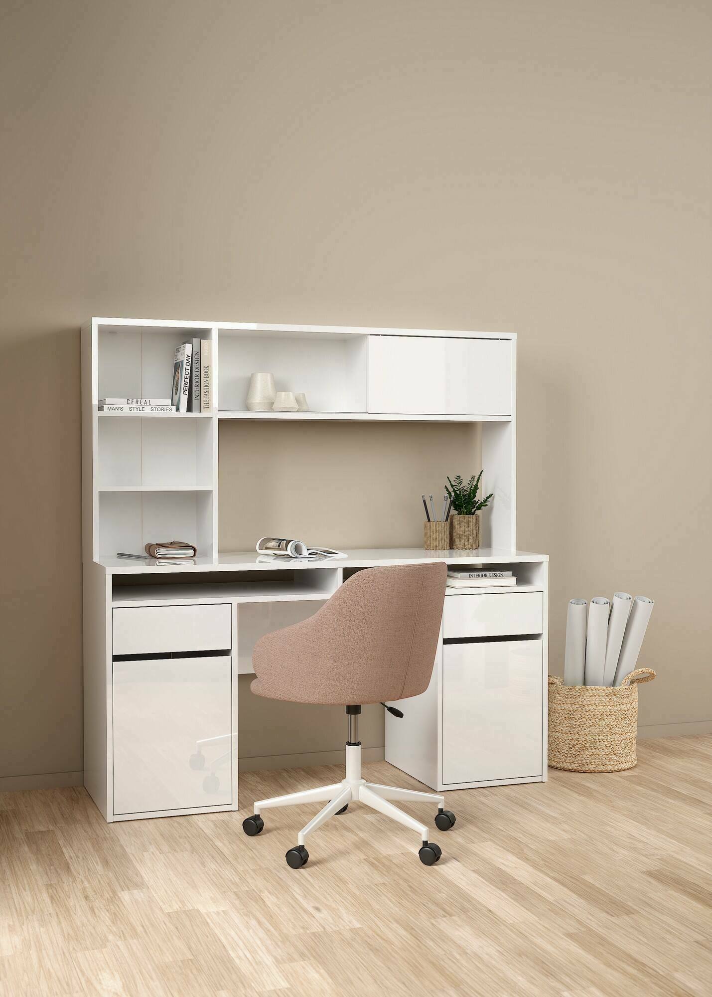 Scrivania Ambrenti, Scrittoio multiuso, Tavolo per ufficio porta PC, Piano di lavoro, 149x48 h156 cm, Bianco lucido
