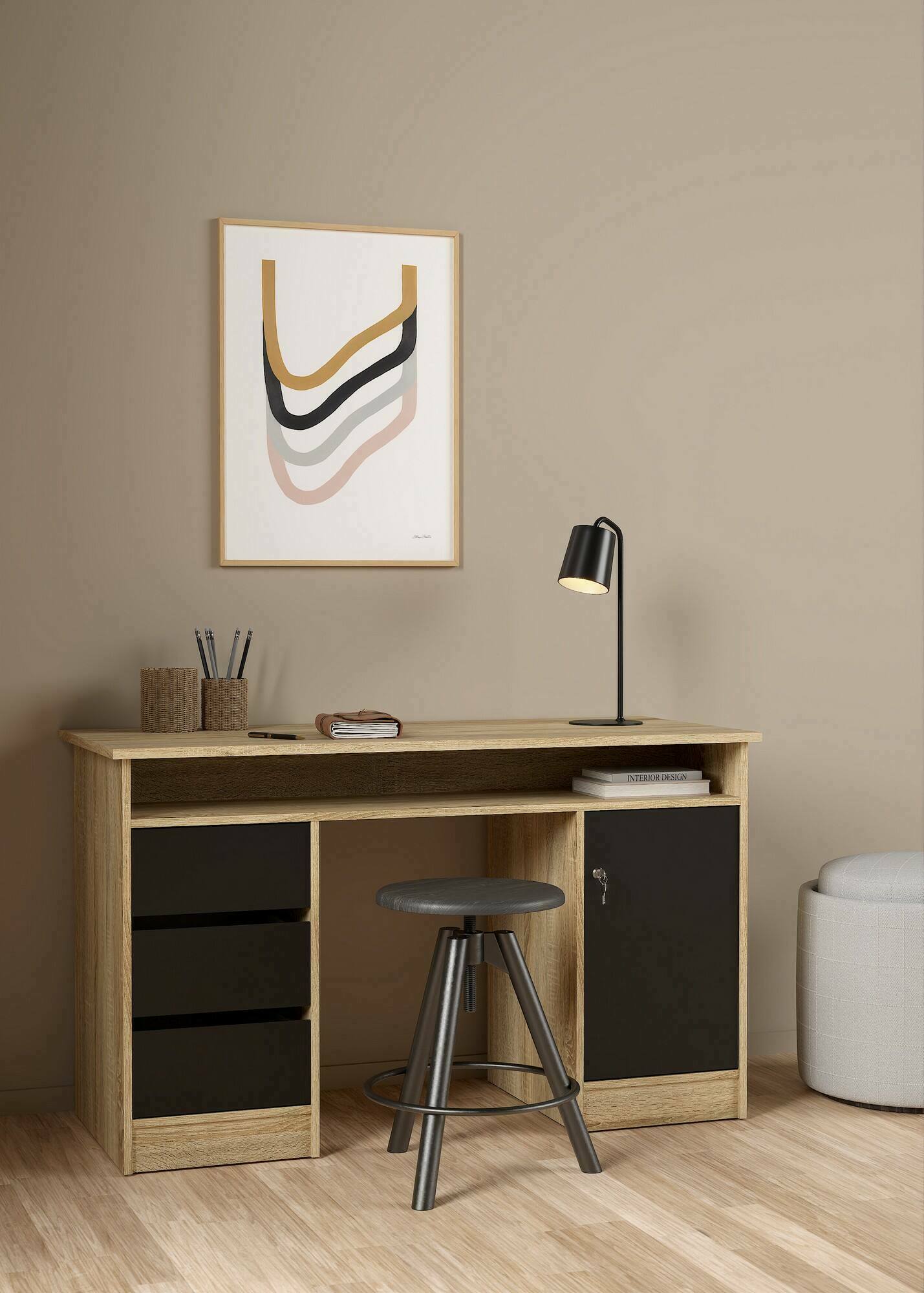 Scrivania Shanshan, Scrittoio multiuso, Tavolo per ufficio porta PC, Piano di lavoro, 126x55 h76 cm, Quercia e Nero