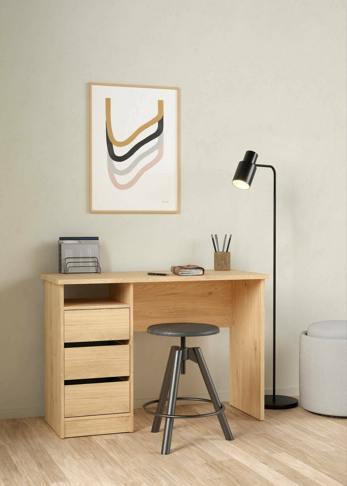 Scrivania Huaning, Scrittoio multiuso, Tavolo per ufficio porta PC, Piano di lavoro, 110x49 h76 cm, Rovere