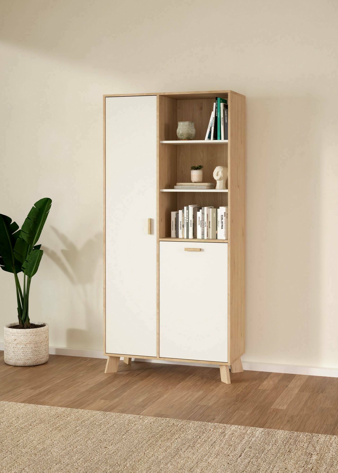 Vetrina Mirinae, Credenza espositiva, Vetrinetta multiuso, Madia da soggiorno, 89x40 h188 cm, Rovere e Bianco