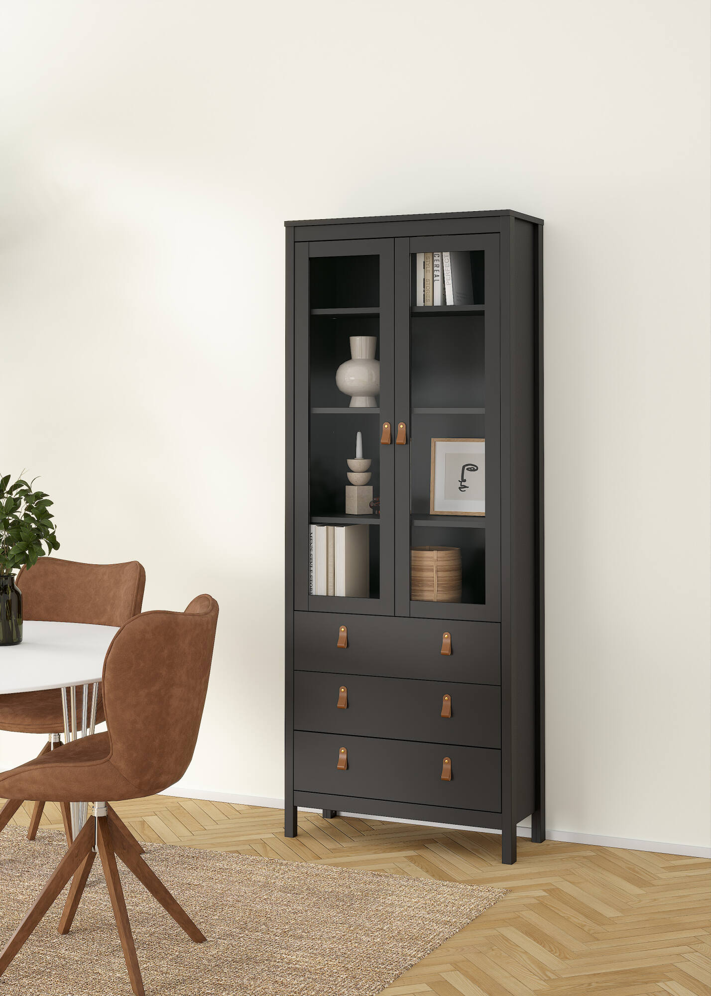 Vetrina Lazio, Credenza espositiva, Vetrinetta multiuso, Madia da soggiorno, 78x33 h199 cm, Nero
