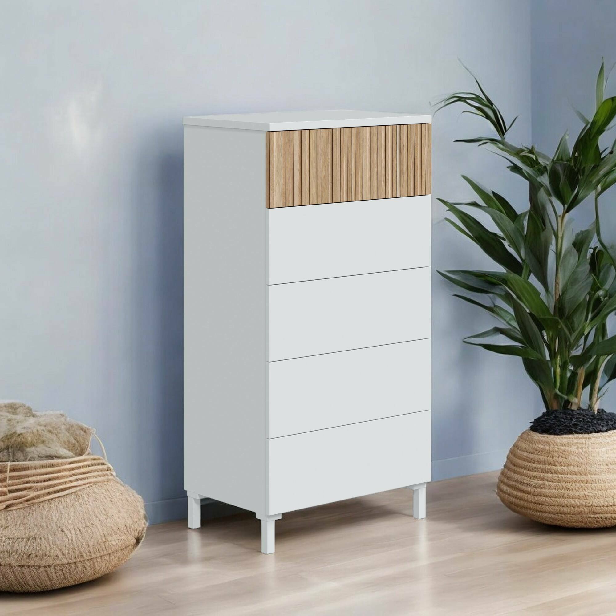 Cassettiera Argenta, Settimino multiuso, Comò camera da letto, Mobile con cassetti, 61x40 h118 cm, Bianco e Rovere