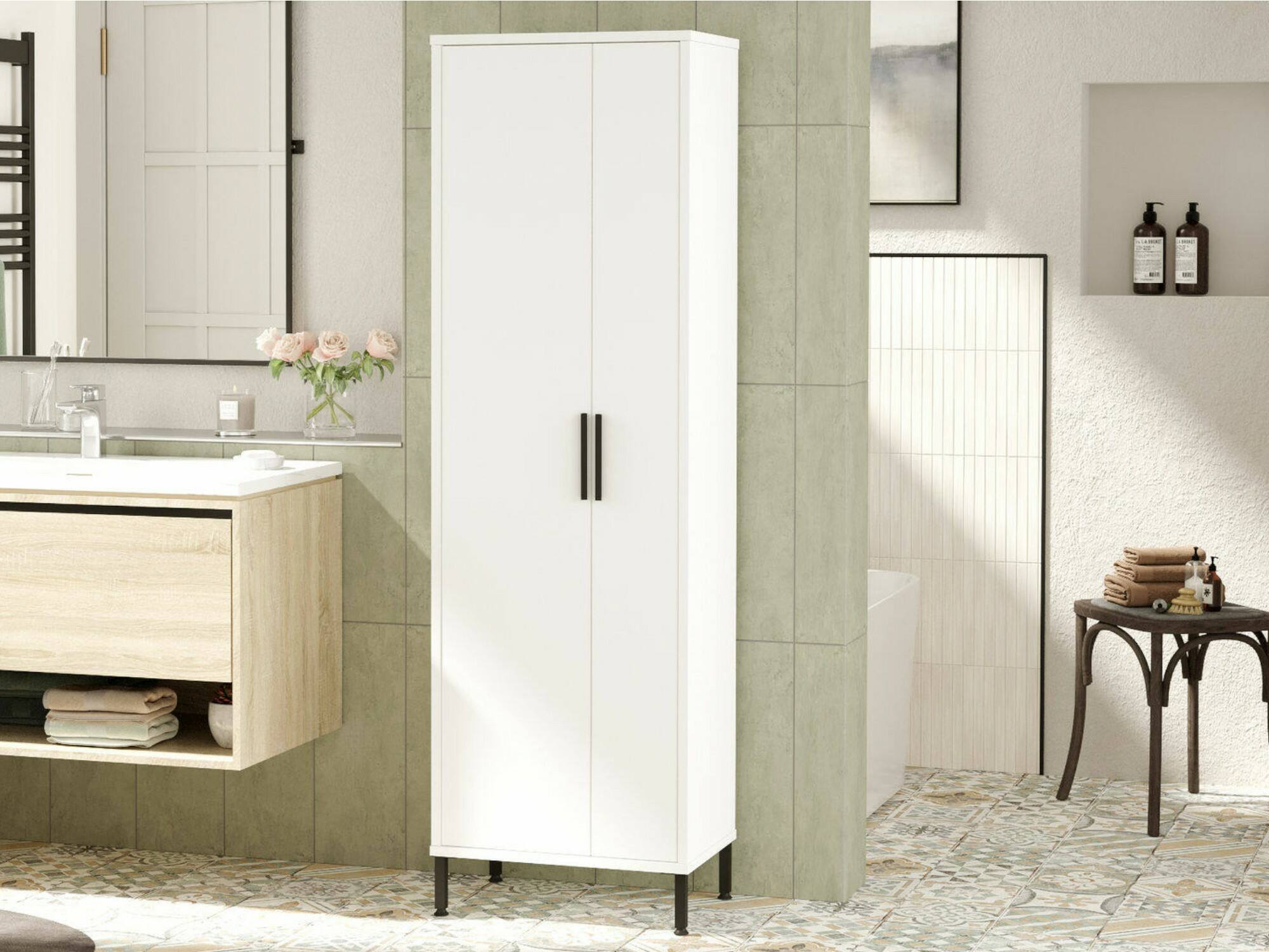 Armadio multiuso 1 anta Niala, Mobile multifunzionale, Mobiletto scarpiera, Guardaroba porta scarpe, 50x36 h165 cm, Bianco