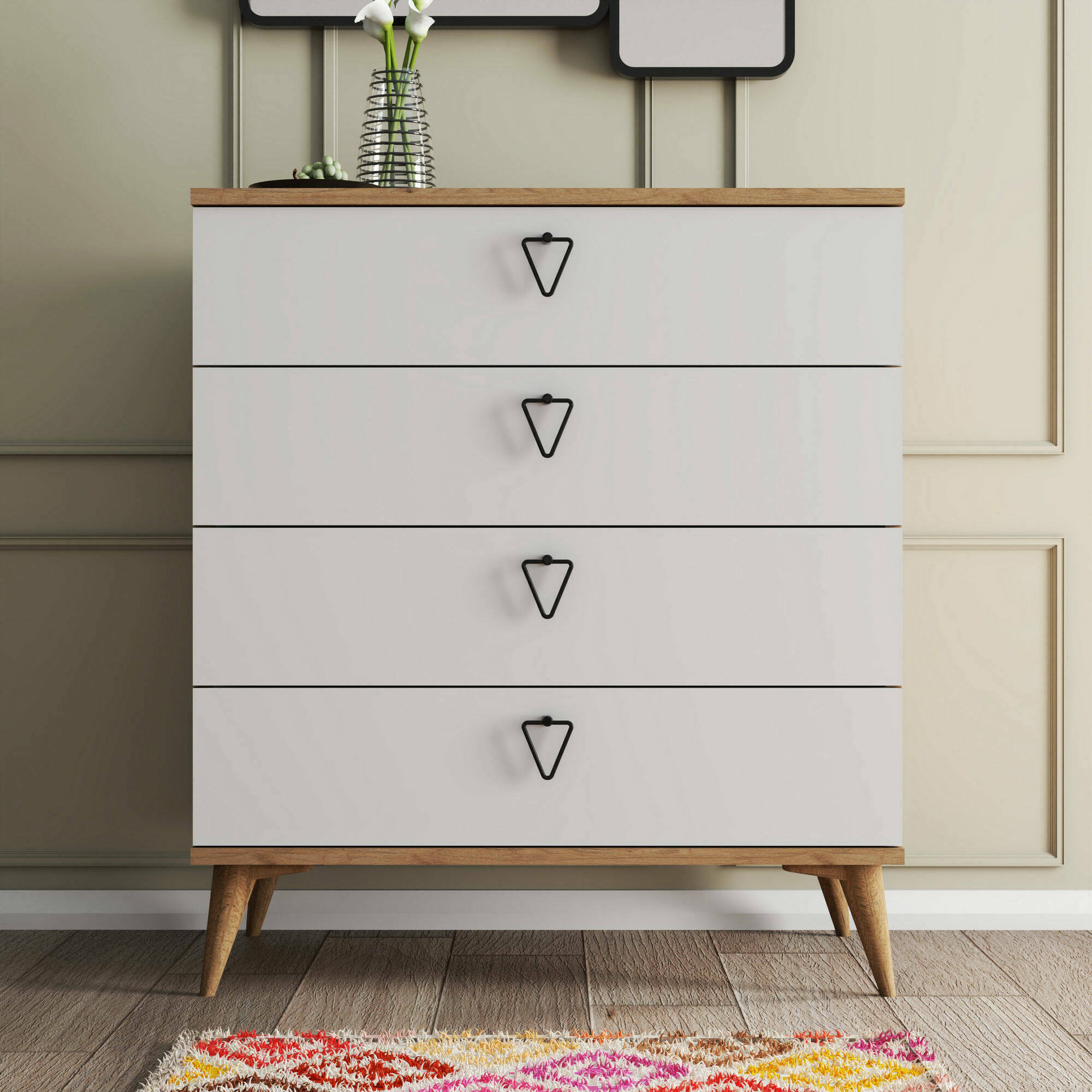 Cassettiera Paula, Settimino multiuso, Comò camera da letto, Mobile con cassetti, 80x45 h91 cm, Quercia e Bianco
