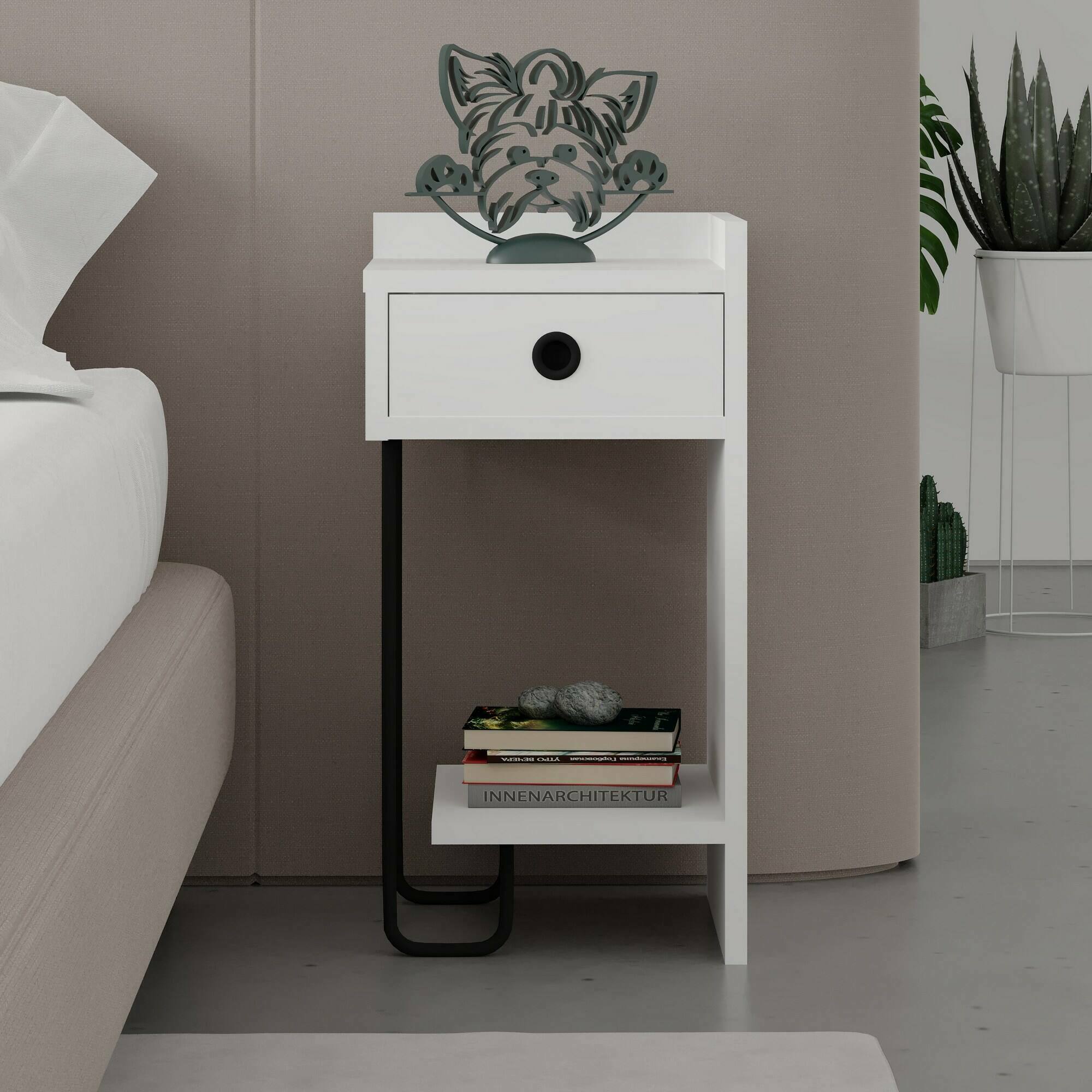 Comodino Halola, Comò basso, Tavolino da notte, Mensola da letto, 32x30 h61 cm, Bianco
