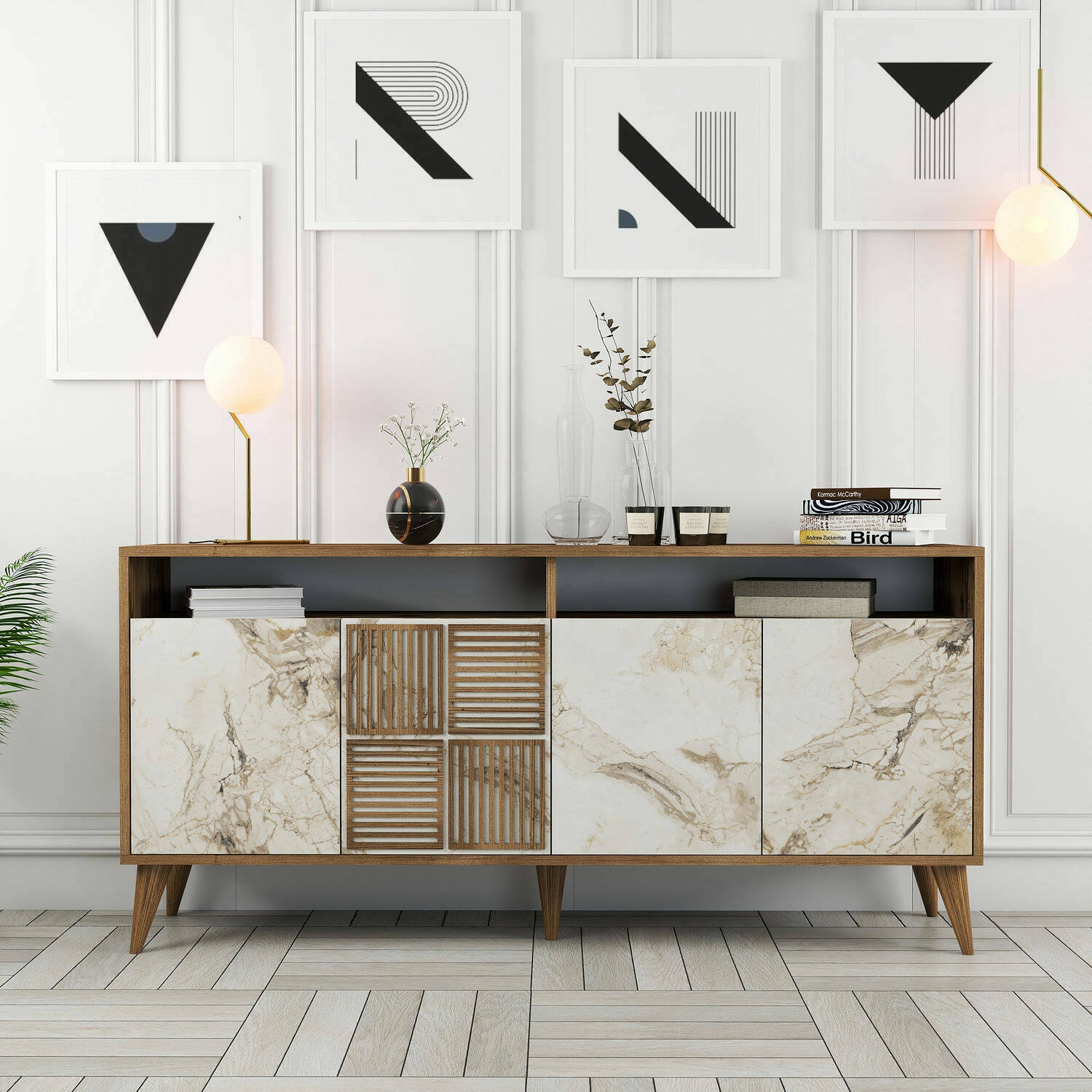 Credenza Benjamin, Buffet da soggiorno, Madia da salotto, Dispensa da cucina, 160x35 h78 cm, Noce e Grigio