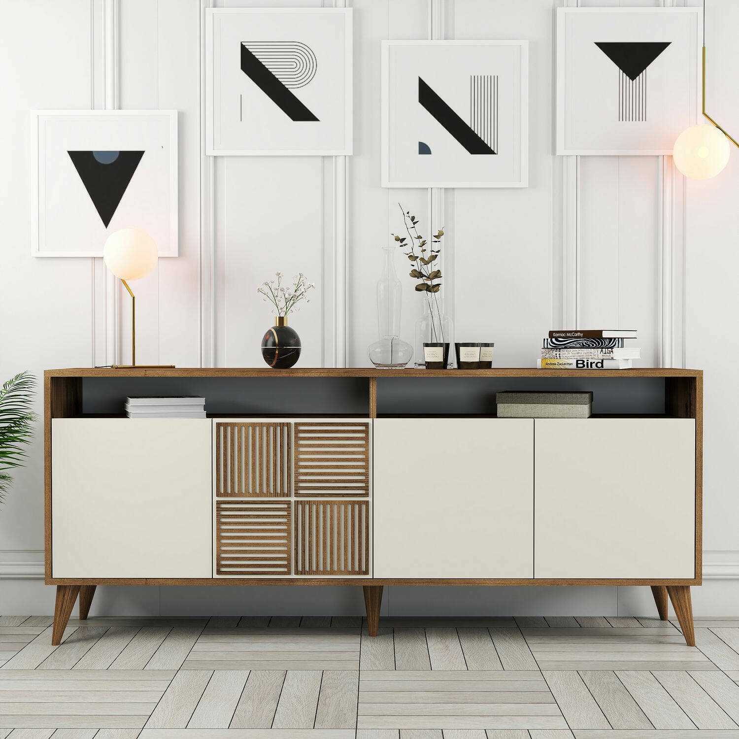 Credenza Benjamin, Buffet da soggiorno, Madia da salotto, Dispensa da cucina, 180x35 h79 cm, Noce e Crema