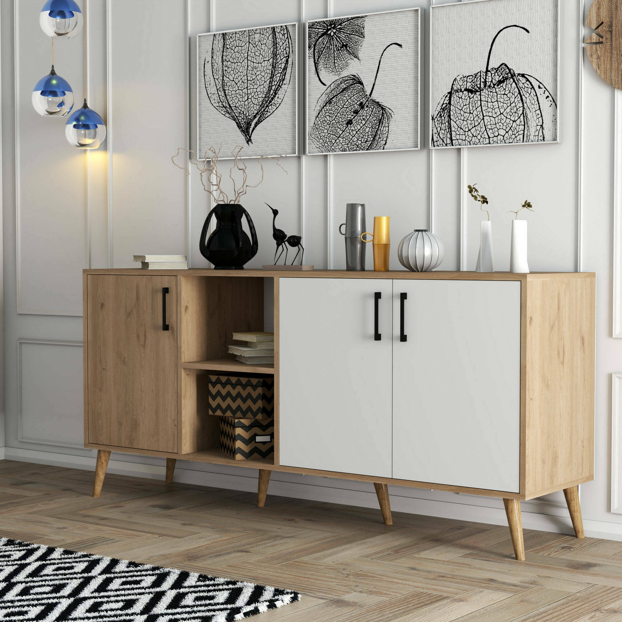 Credenza Vardah, Buffet da soggiorno, Madia da salotto, Dispensa da cucina, 180x45 h80 cm, Quercia e Bianco