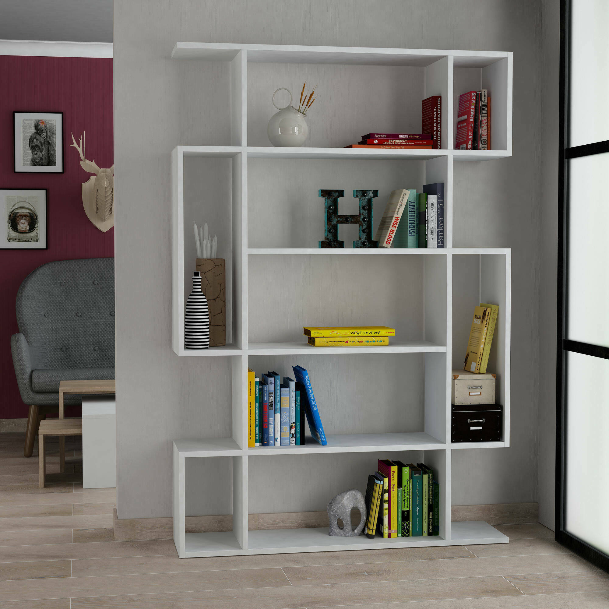 Libreria Marcellin, Scaffale da ufficio, Mobile portalibri, Biblioteca, 110x26 h161 cm, Bianco