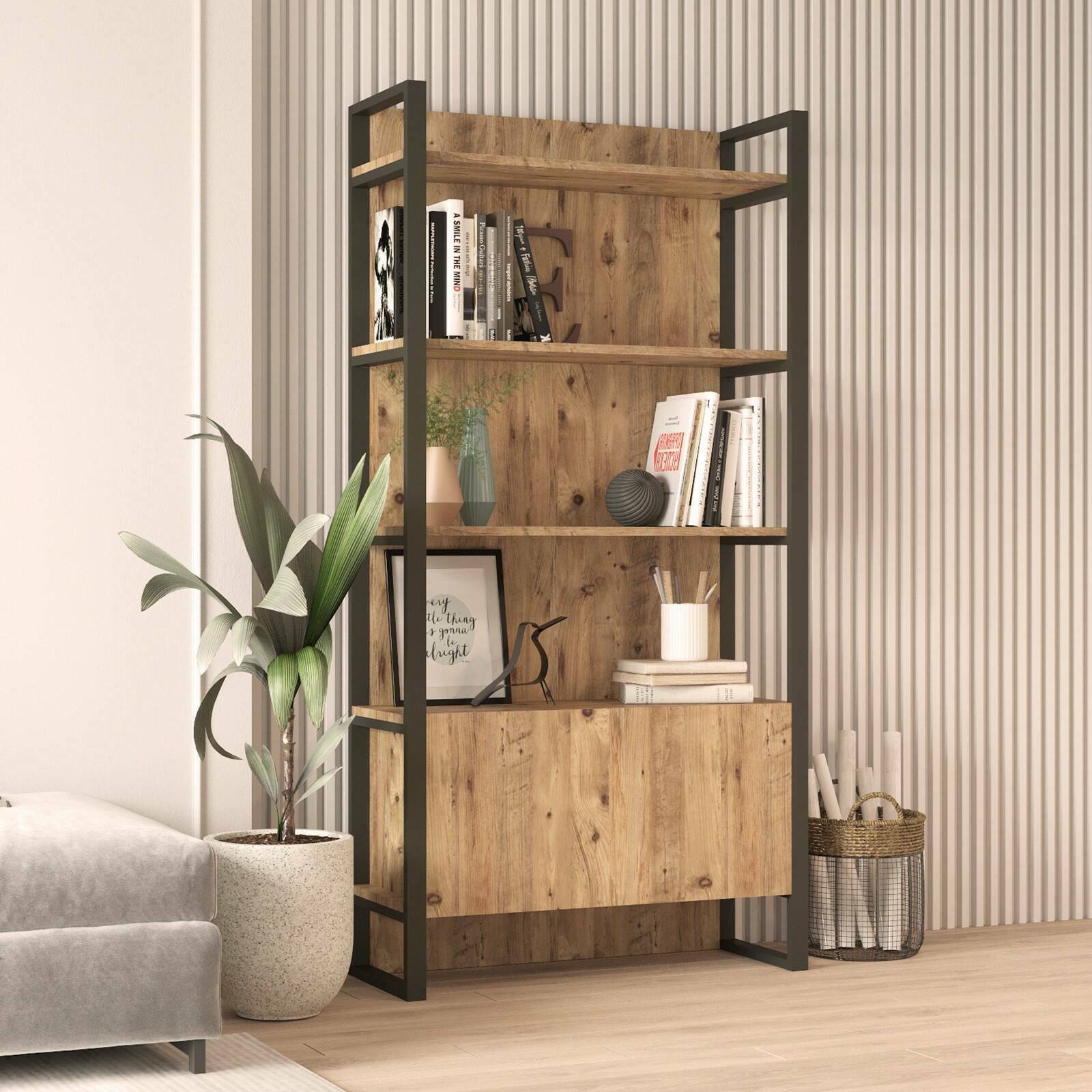 Libreria Georges, Scaffale da ufficio, Mobile portalibri, Biblioteca, 90x34 h180 cm, Quercia