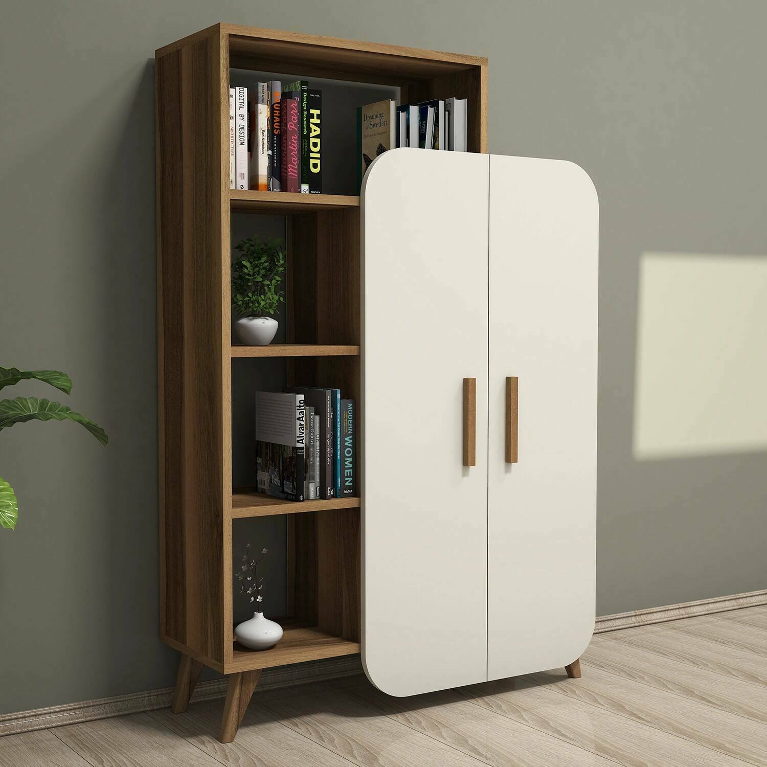 Libreria Agni, Scaffale da ufficio, Mobile portalibri, Biblioteca, 90x32 h132 cm, Noce e Crema